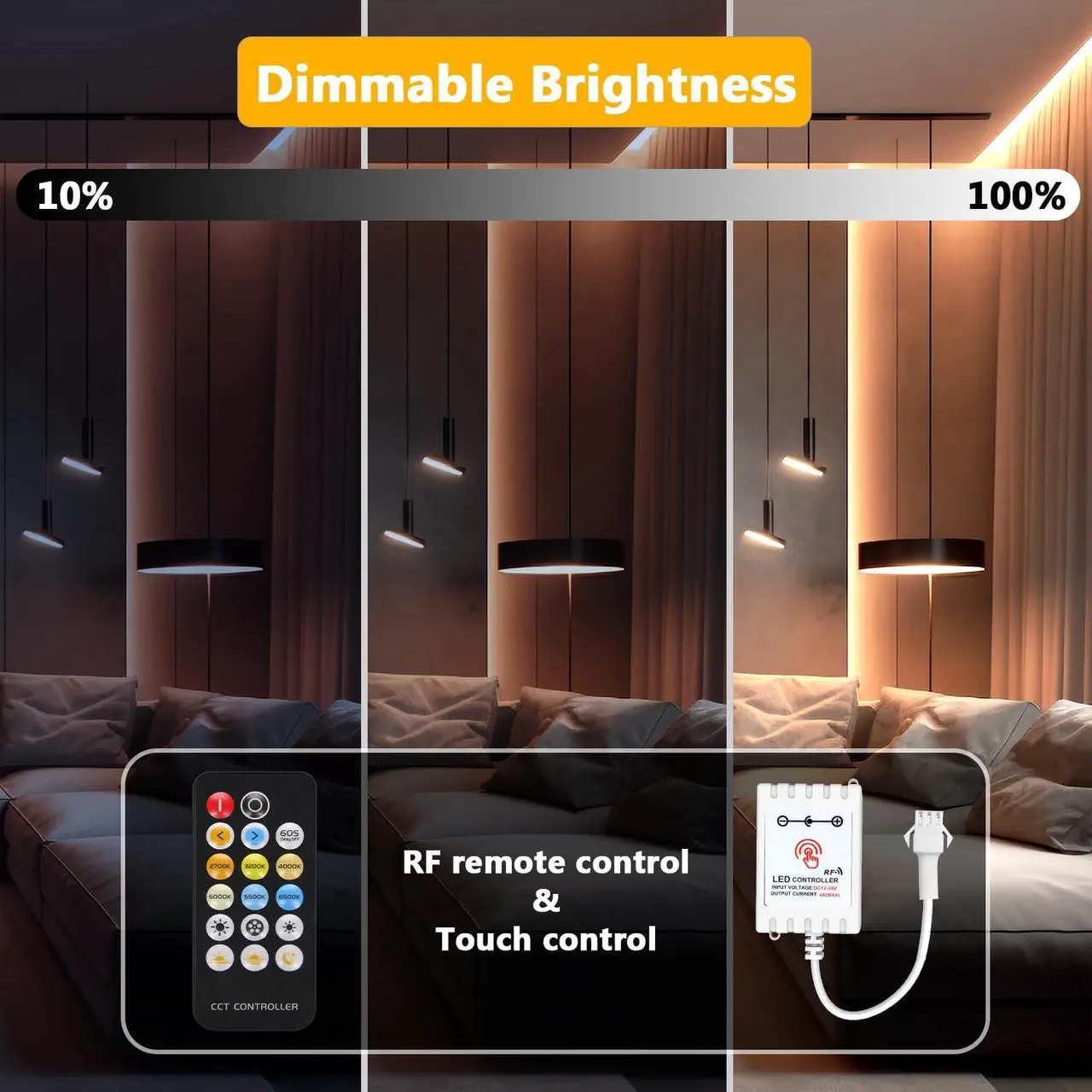 Alt view image 4 of 7 - COB LED Strip Lights Tunable White(2700K-6500K) COB LED Lights with 3040 LEDs 24V Adapter RF Remote Dimmable High Density Uniform LED Strip for Bedroom Kitchen Cabinet CRI90+ 16.4ft