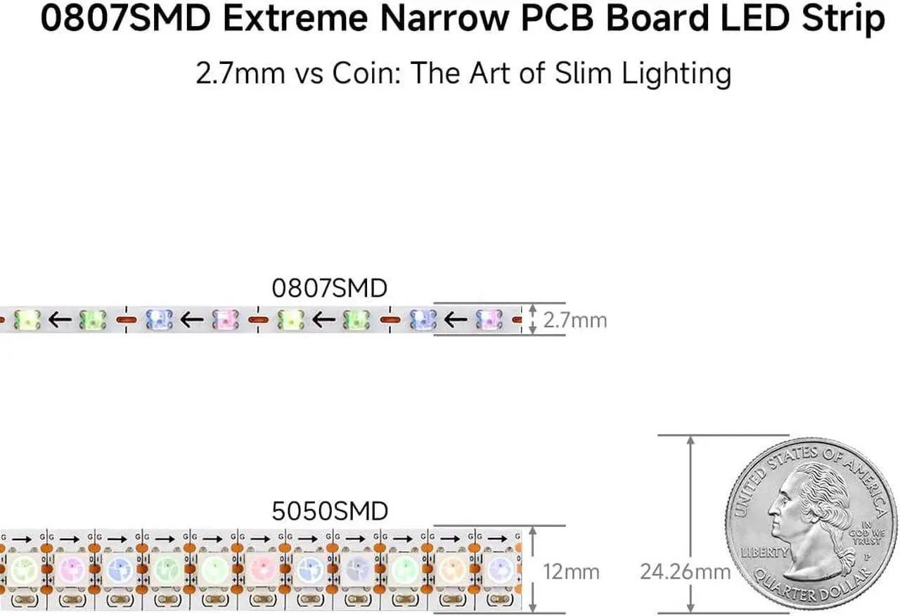 Alt view image 2 of 7 - WS2812B IC RGB 2.7mm Ultra Narrow LED Strip 0807SMD DC12V Individually Addressable 3.2FT 160Pixels/m 160LED Dream Color Tape Light for Home DIY Decoration IP30 (No Adapter or Controller)