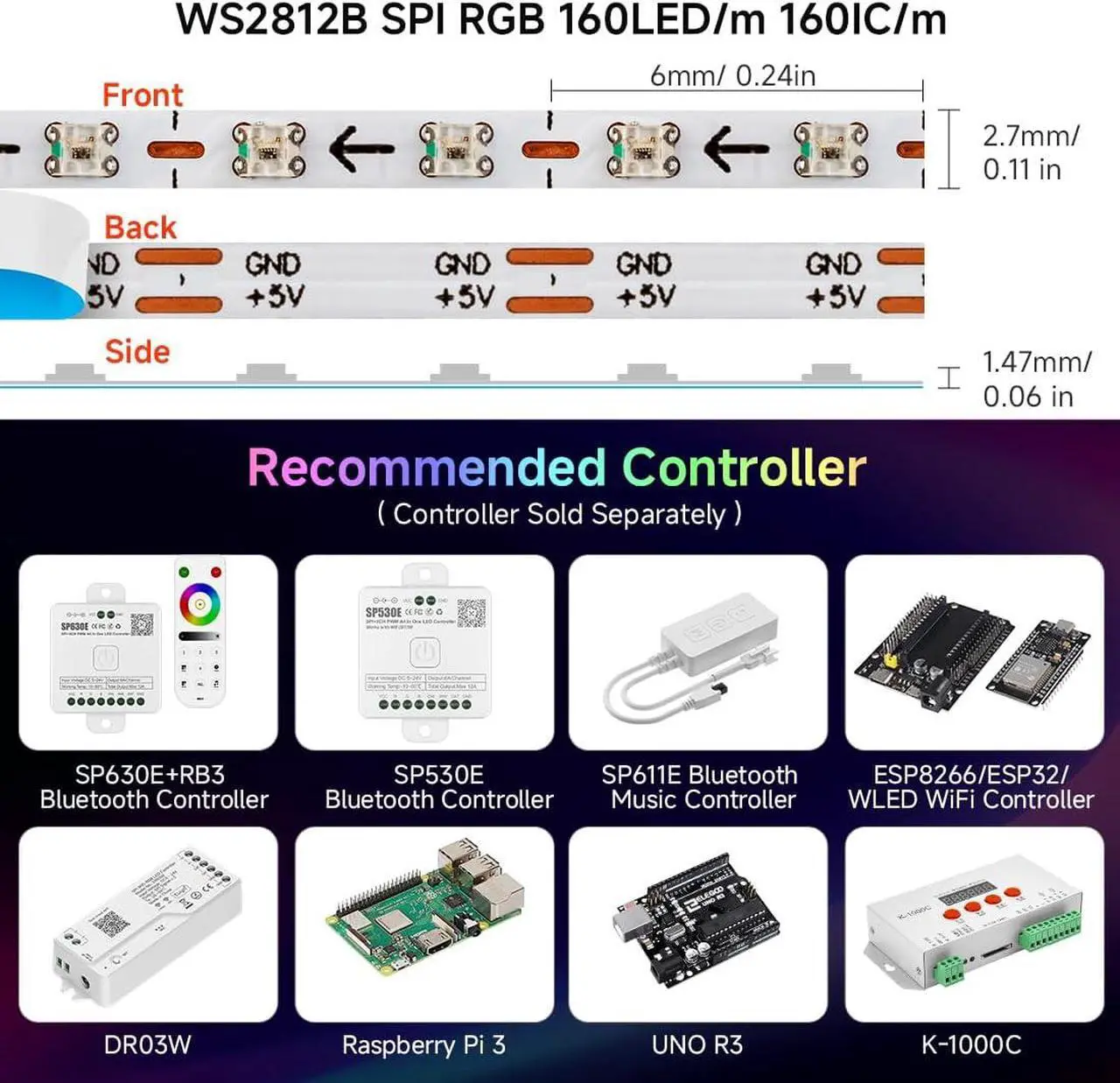 Alt view image 3 of 7 - WS2812B IC RGB 2.7mm Ultra Narrow LED Strip 0807SMD DC12V Individually Addressable 3.2FT 160Pixels/m 160LED Dream Color Tape Light for Home DIY Decoration IP30 (No Adapter or Controller)