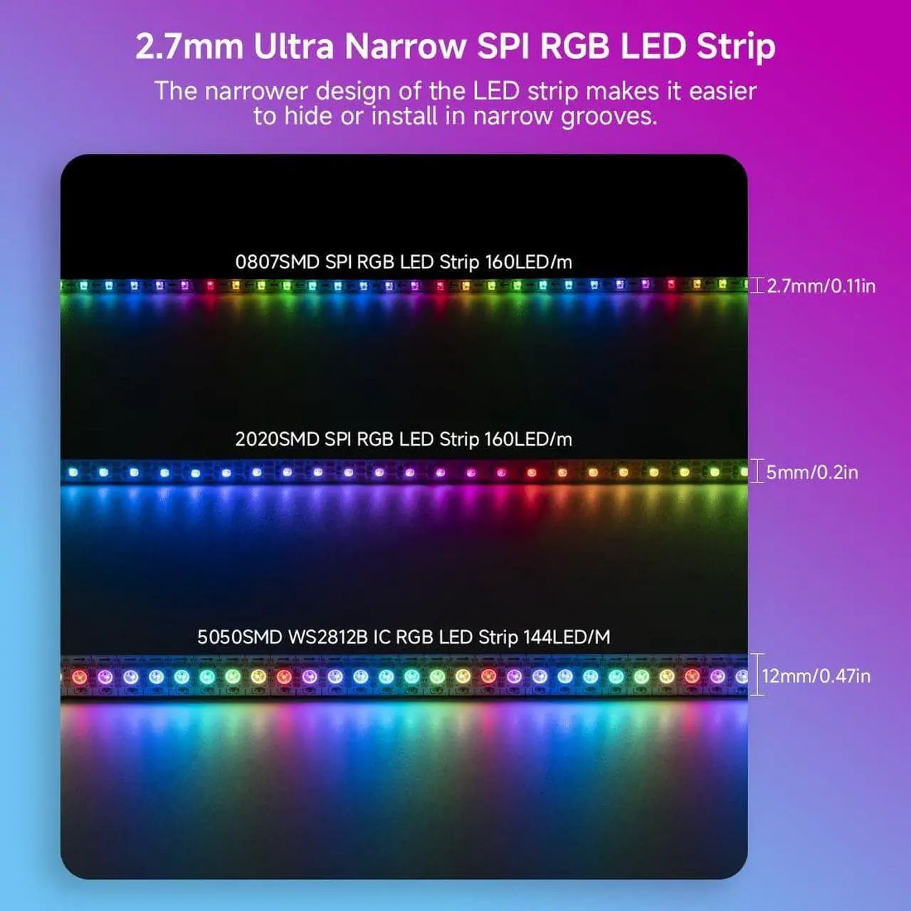Alt view image 5 of 7 - WS2812B IC RGB 2.7mm Ultra Narrow LED Strip 0807SMD DC12V Individually Addressable 3.2FT 160Pixels/m 160LED Dream Color Tape Light for Home DIY Decoration IP30 (No Adapter or Controller)