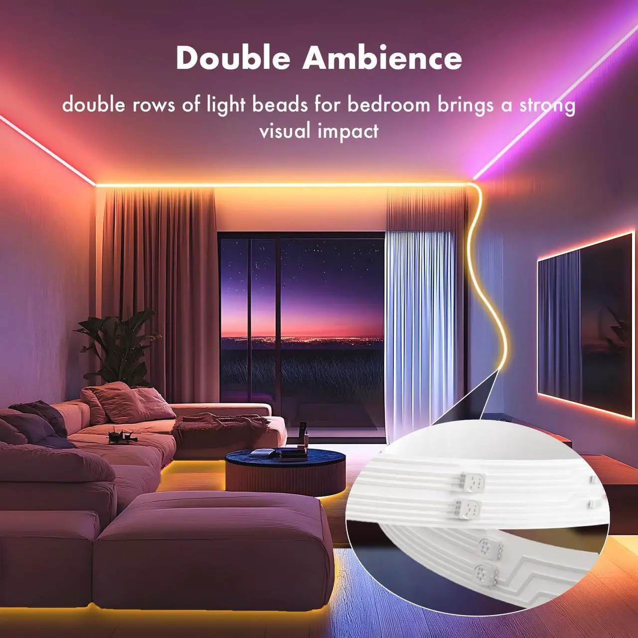 Alt view image 3 of 7 - LED Lights for Bedroom 2025 Double Row 100FT 960LEDs RGB Strip Lights Music Sync Color Changing LED Lights APP+44Key Remote Control Timed Dimming for Bedroom Home Decor(2Rollsof50FT)