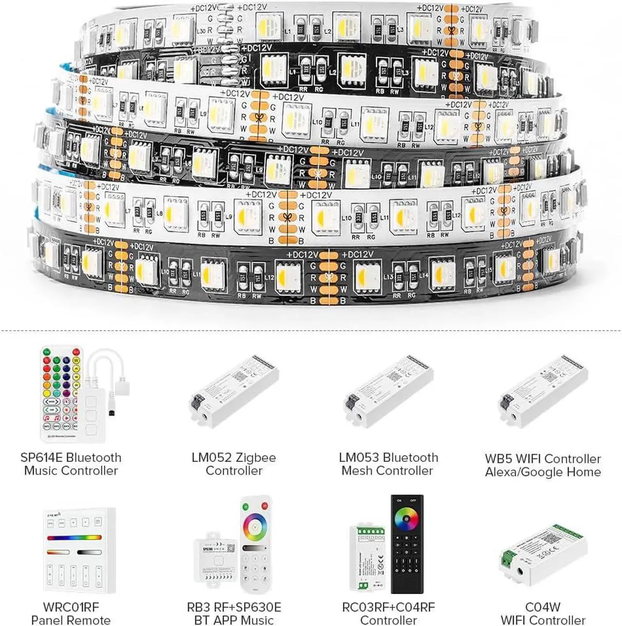 Alt view image 5 of 7 - 5050 RGBW RGB+Warm White(2700K-3000K) 4 Colors in 1 LED Tape Light DC12V 5m 16.4ft 60LED/m Multi-Colored IP30 Black 12mm PCB for Bedroom Kitchen Home Decoration(No Adapter or Controller)