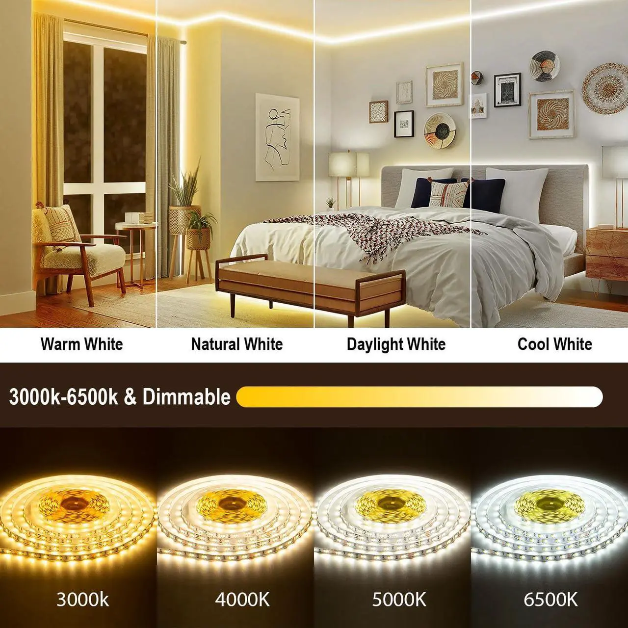Alt view image 3 of 6 - 46FT White LED Strip Lights 3000K-6500K Light Strip Cool and Warm White Alexa Compatible Dimmable 24V App Smart LED Lighting with Remote Under Cabinet Light for Kitchen Bedroom Closet