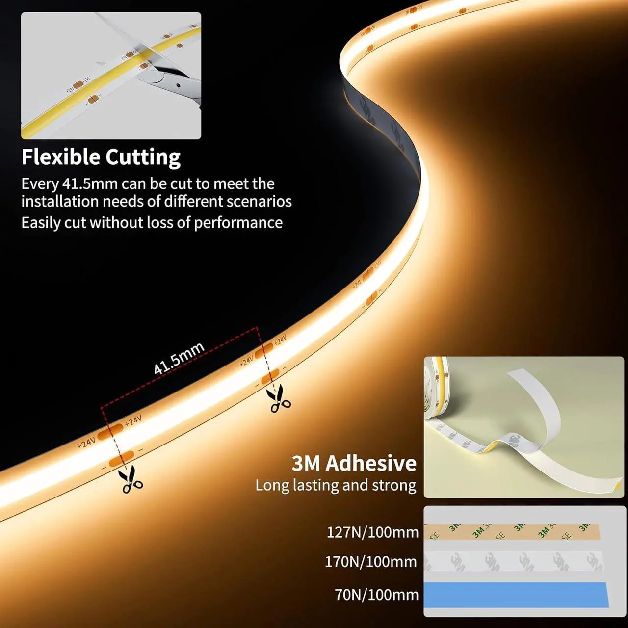 Alt view image 5 of 7 - COB LED Strip Light 20ft/6.1m 3000K Warm White 3087LEDs High Lumen CRI90+ Super Bright Lead-free Material DC24V Flexible LED Tape for Home&Office DIY Lighting Project(Power Supply Not Included)