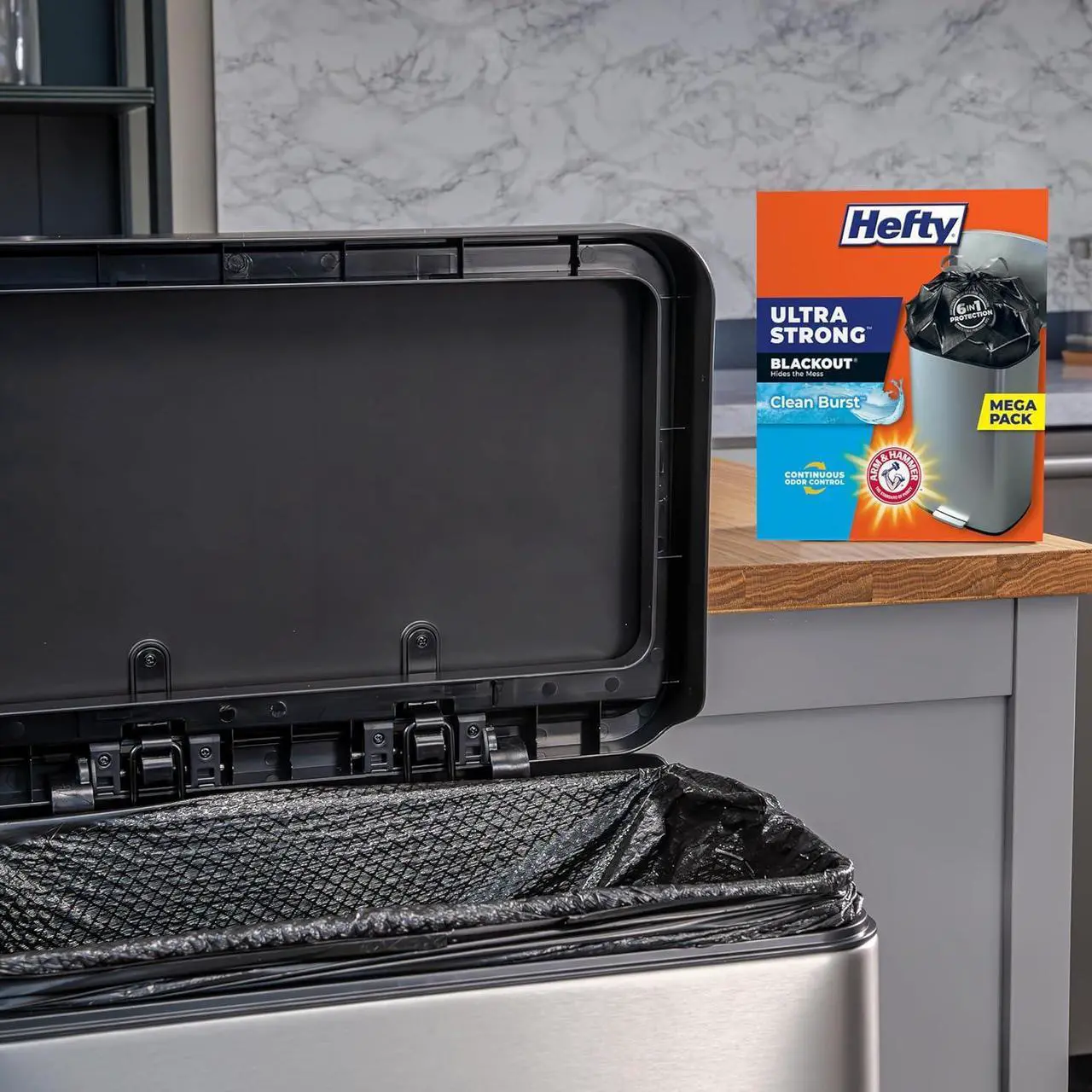 Alt view image 2 of 7 - Ultra Strong 13 Gallon Trash Bags Black Tall Kitchen Trash Bags 13 Gallon Size Break Resistant Drawstring Enclosure Continuous Odor Control Blackout Clean Burst Scent 80 Bags