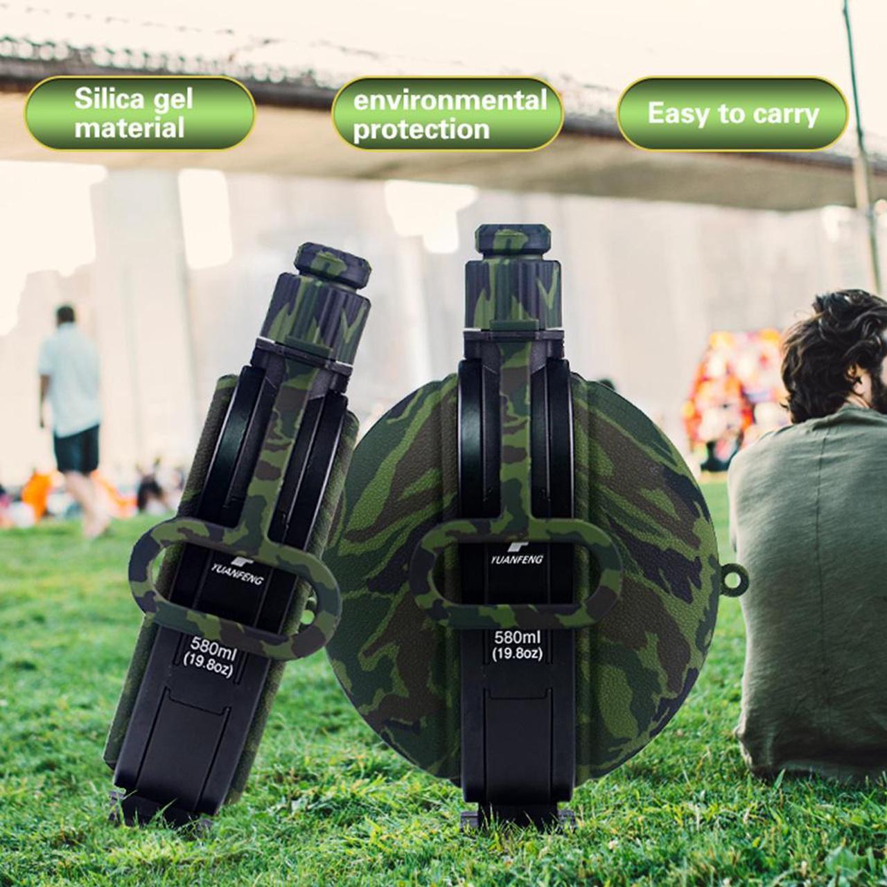 Alt view image 3 of 7 - Collapsible Military Water Bottle Newly Designed Silicone Water Kettle Canteen with Compass Bottle Cap for Hiking Camping Outdoors (Camouflage Green)
