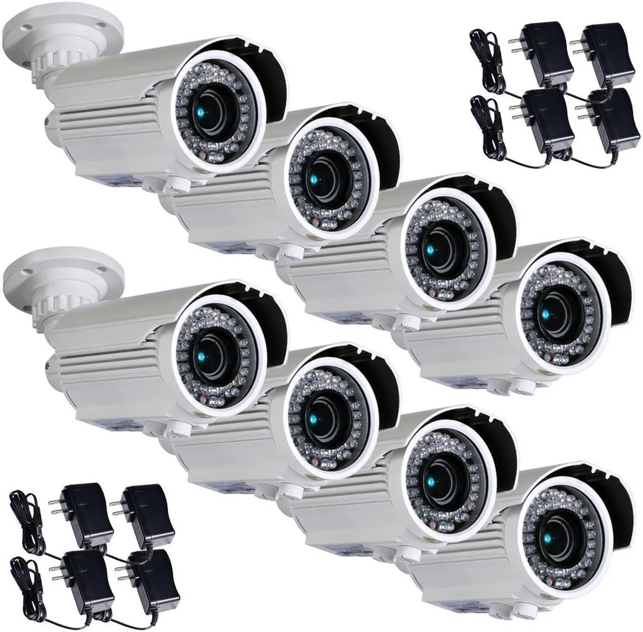 Main image of VideoSecu 8 Pack Outdoor Weatherproof Indoor Security Camera IR Day Night Vision Built-in 1/3 inch Sony CCD Effio 42 LEDs 700TVL 4 - 9mm Varifocal Lens with 8 Power Supply for CCTV Surveillance CMP