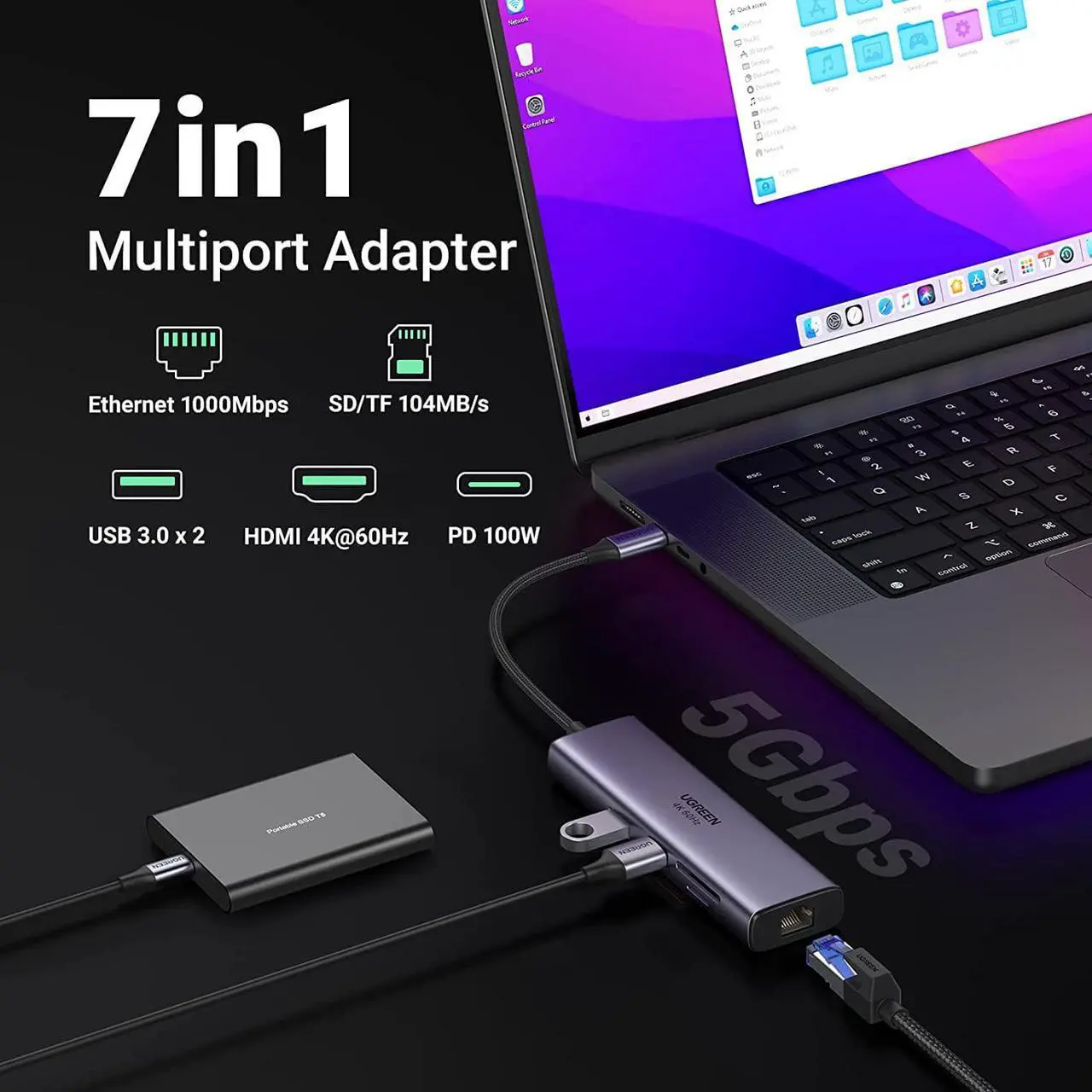 Alt view image 2 of 7 - UGREEN USB C Hub with Ethernet, 7-in-1 Multiport Adapter with 4K@60Hz HDMI, 100W PD Charging, SD/TF Card Reader, 2 USB 3.0 Ports, MacBook Docking Station Compatible with Mac M1, M2, iPad, Steam Deck