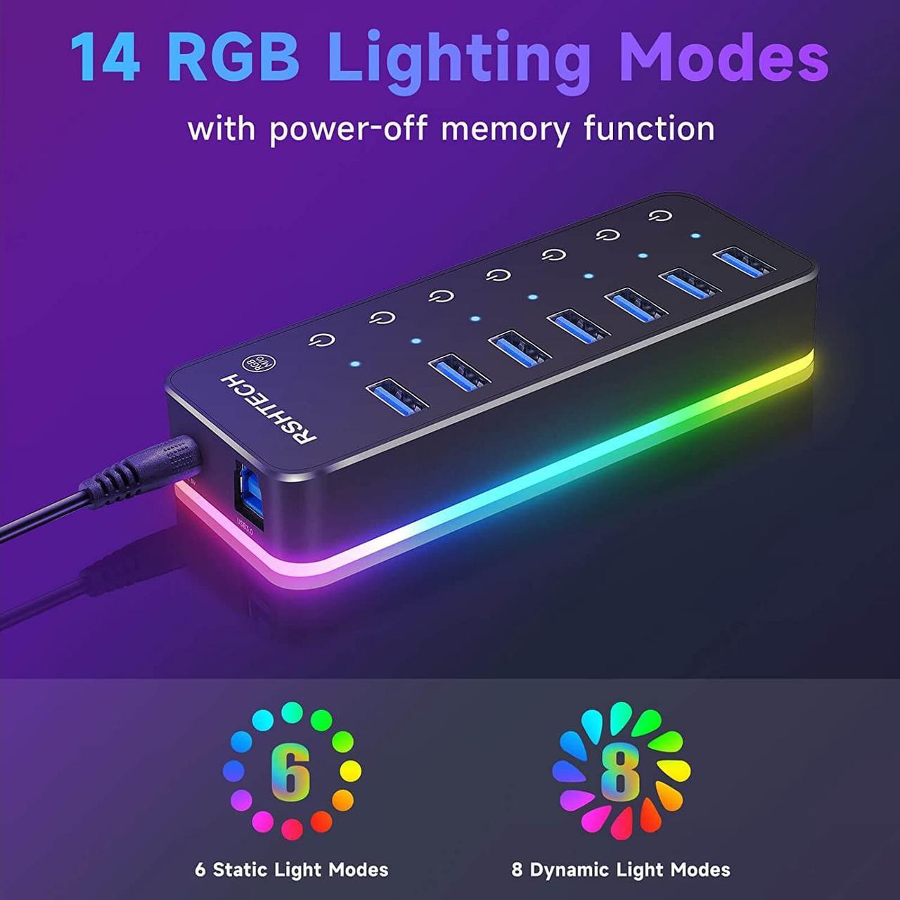 Alt view image 2 of 7 - Powered USB Hub,  RGB 7 Ports USB 3.0/USB C Hub with 14 Mode RGB LED Strip, Individual Touch Switches, 3.3ft Cable and 5V/4A Power Adapter, Aluminum Gaming USB Hub for PC and Laptop, RSH-518R