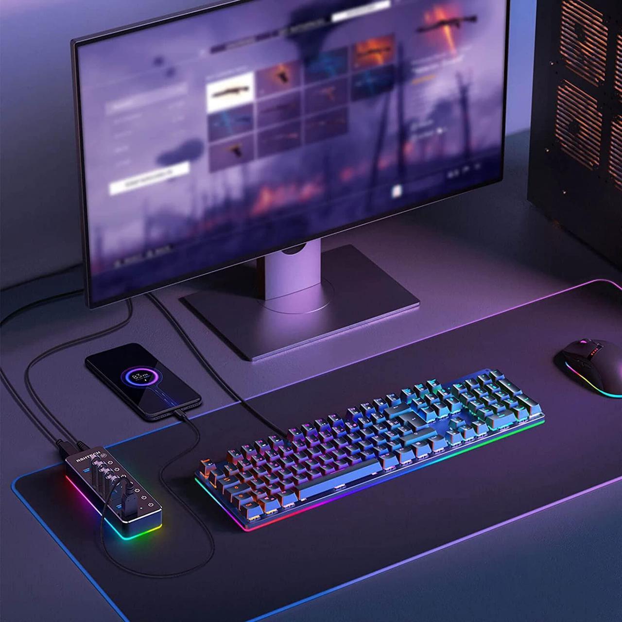 Alt view image 3 of 7 - Powered USB Hub,  RGB 7 Ports USB 3.0/USB C Hub with 14 Mode RGB LED Strip, Individual Touch Switches, 3.3ft Cable and 5V/4A Power Adapter, Aluminum Gaming USB Hub for PC and Laptop, RSH-518R