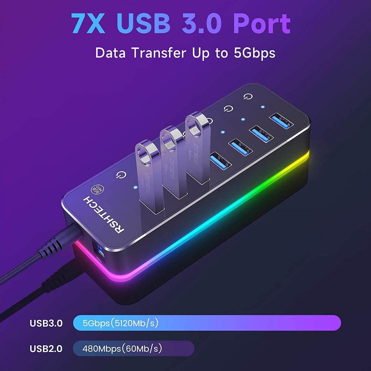 Alt view image 5 of 7 - Powered USB Hub,  RGB 7 Ports USB 3.0/USB C Hub with 14 Mode RGB LED Strip, Individual Touch Switches, 3.3ft Cable and 5V/4A Power Adapter, Aluminum Gaming USB Hub for PC and Laptop, RSH-518R