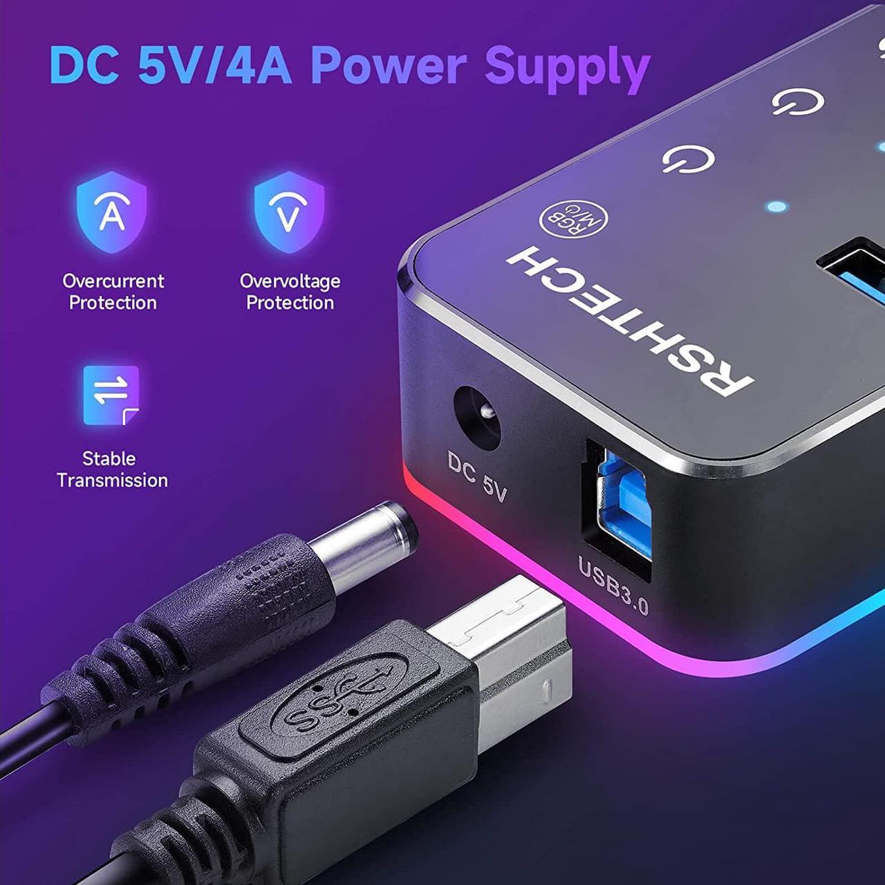 Alt view image 6 of 7 - Powered USB Hub,  RGB 7 Ports USB 3.0/USB C Hub with 14 Mode RGB LED Strip, Individual Touch Switches, 3.3ft Cable and 5V/4A Power Adapter, Aluminum Gaming USB Hub for PC and Laptop, RSH-518R
