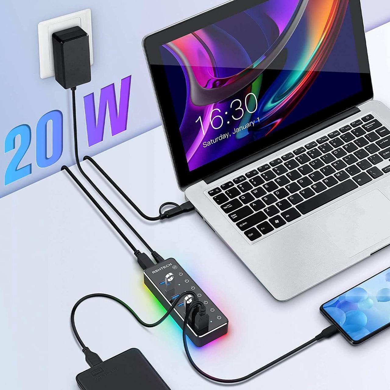 Alt view image 7 of 7 - Powered USB Hub,  RGB 7 Ports USB 3.0/USB C Hub with 14 Mode RGB LED Strip, Individual Touch Switches, 3.3ft Cable and 5V/4A Power Adapter, Aluminum Gaming USB Hub for PC and Laptop, RSH-518R
