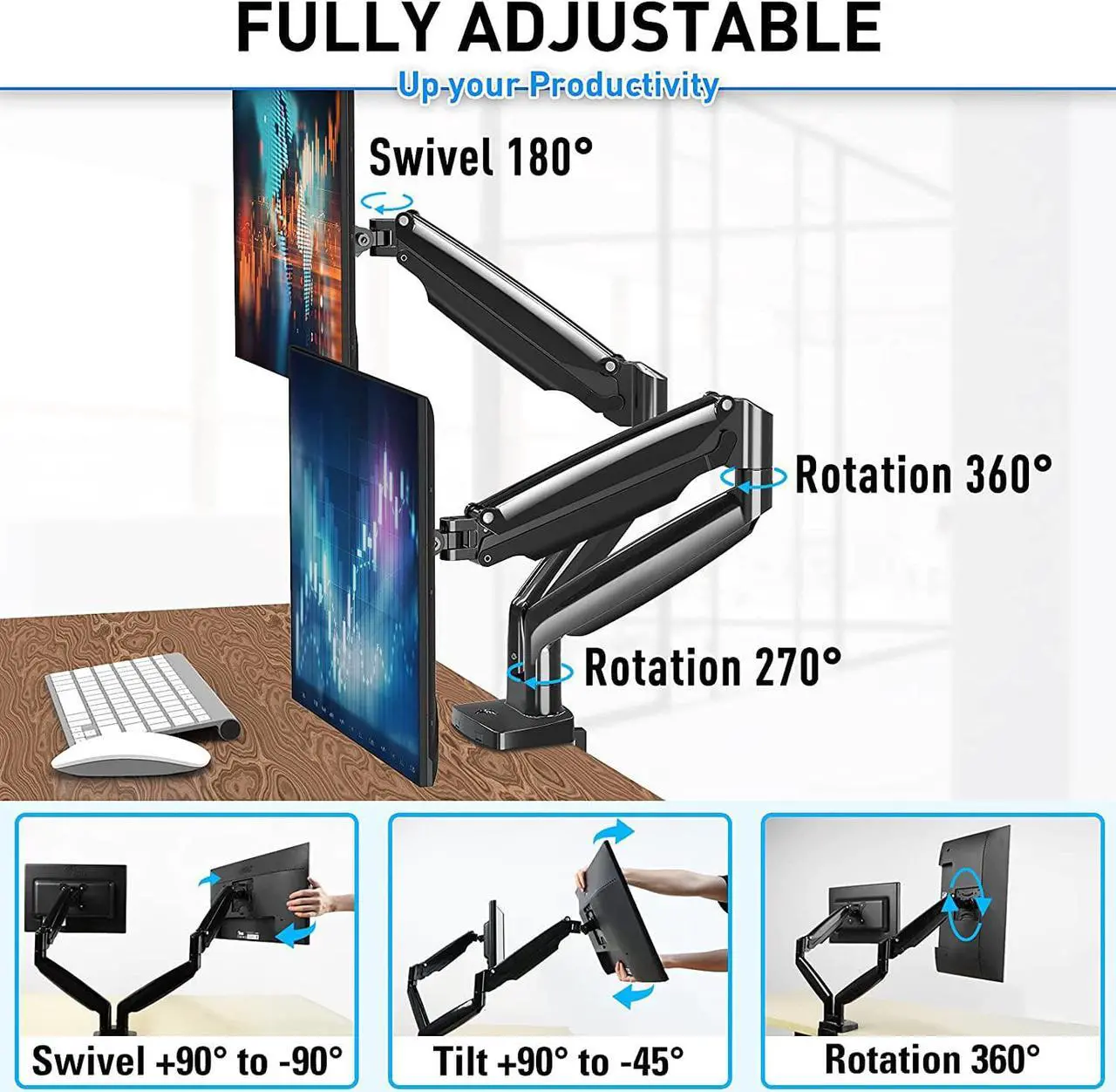 Alt view image 3 of 7 - MOUNTUP Ultrawide Dual Monitor Desk Mount for 2 Computer Screen Max 35 Inch, Adjustable Gas Spring Double Monitor Arm, 6.6-30.9lbs Heavy Duty Monitor Stand Holder, VESA Bracket With Clamp/Grommet Base