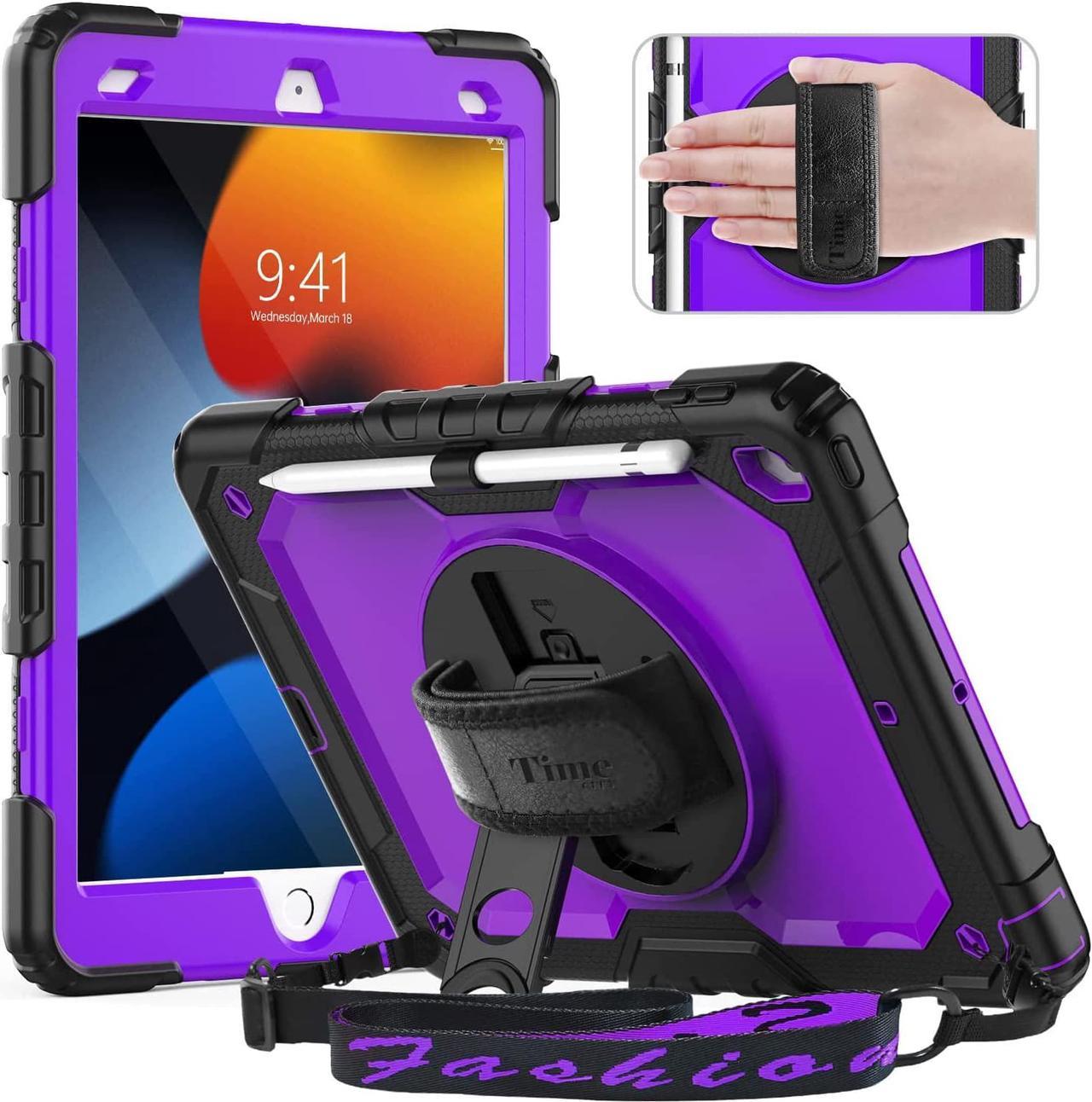 iPad 9th/ 8th/ 7th Generation Case (iPad 10.2 Case, iPad 9/8/ 7 Gen Case): with Strong Protection, Screen Protector, Hand Strap, Shoulder Strap, 360° Rotating Stand, Pencil Holder - Purple