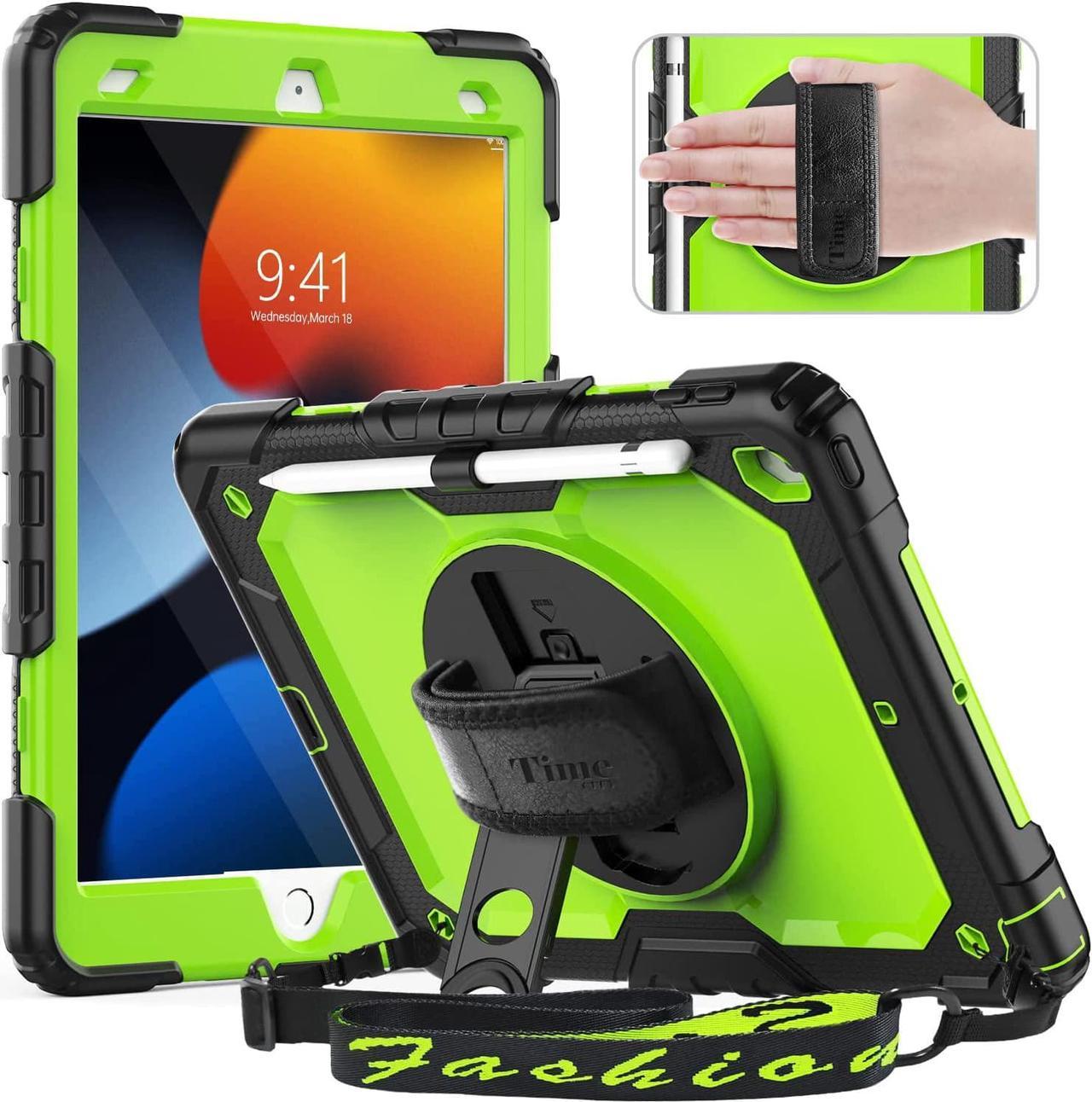 iPad 9th/ 8th/ 7th Generation Case (iPad 10.2 Case, iPad 9/8/ 7 Gen Case): with Strong Protection, Screen Protector, Hand Strap, Shoulder Strap, 360° Rotating Stand, Pencil Holder - Green