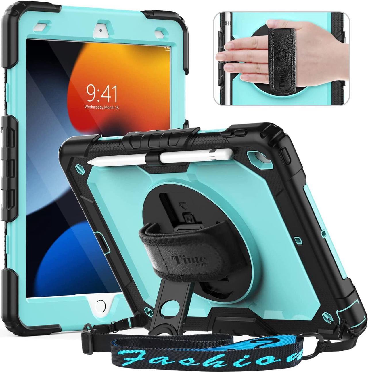 iPad 9th/ 8th/ 7th Generation Case (iPad 10.2 Case, iPad 9/8/ 7 Gen Case): with Strong Protection, Screen Protector, Hand Strap, Shoulder Strap, Rotating Stand, Pencil Holder - Light Blue