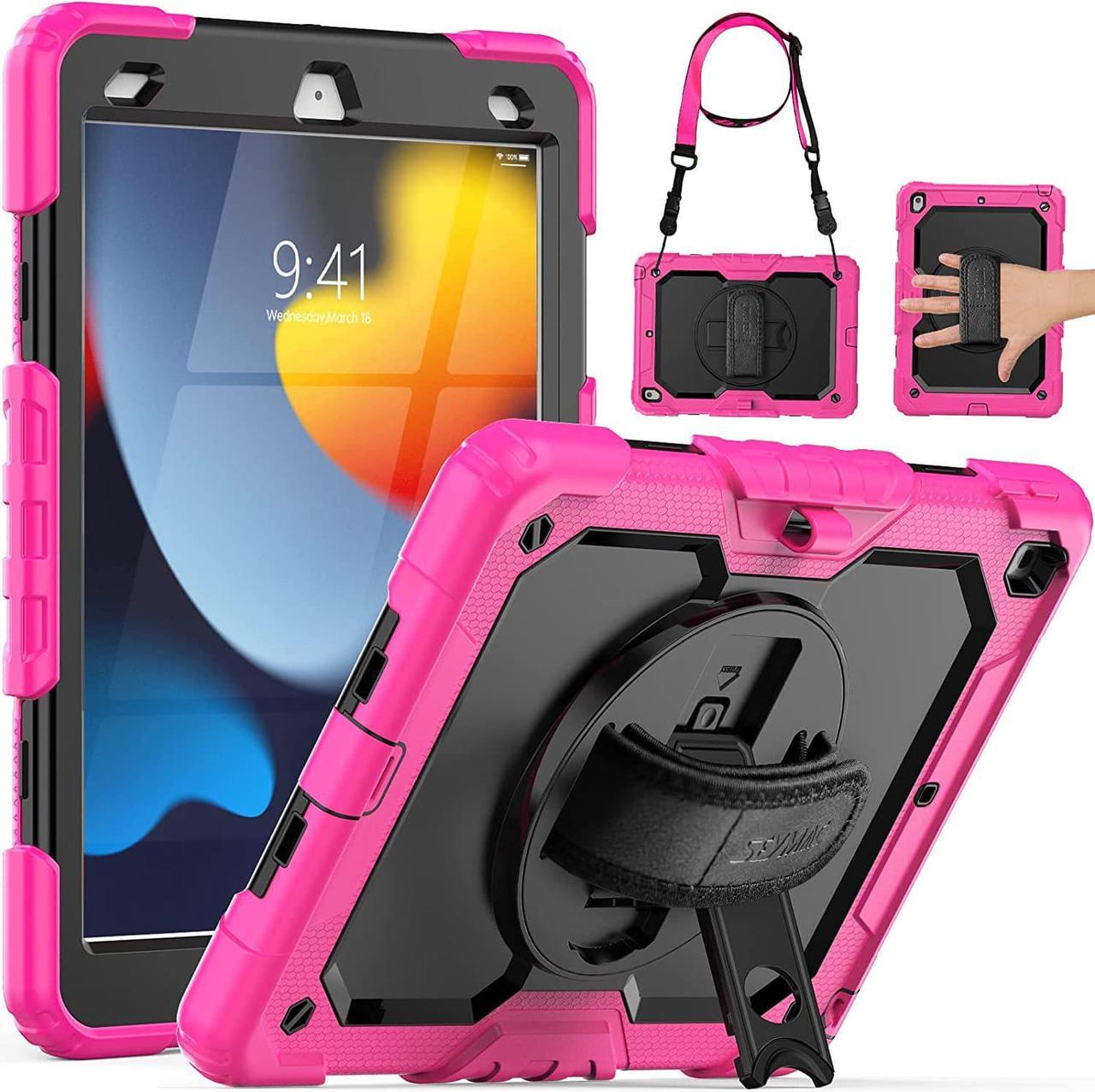 iPad 9th/ 8th/ 7th Generation Case 10.2" 2021/2020/2019, Full-Body Shockproof Heavy Duty Protective Case with Screen Protector, Rotating Stand/Handle/Shoulder Strap for iPad 10.2, Pink