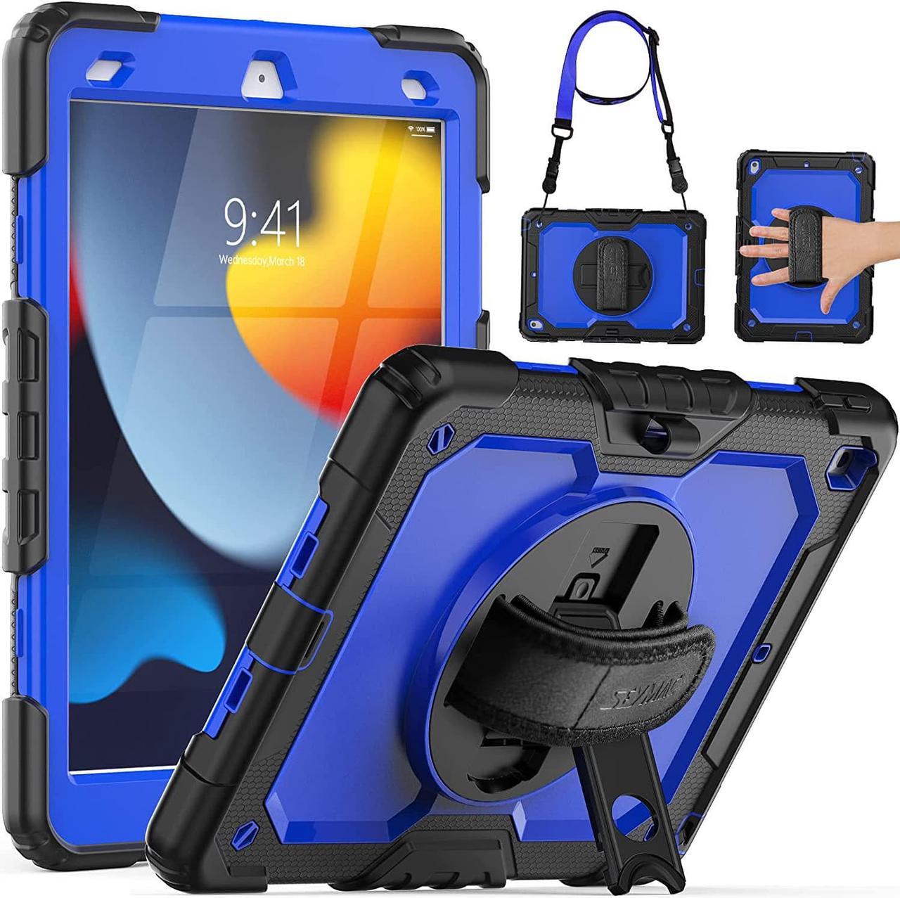 iPad 9th/ 8th/ 7th Generation Case 10.2" 2021/2020/2019, Full-Body Shockproof Heavy Duty Protective Case with Screen Protector, Rotating Stand/Handle/Shoulder Strap for iPad 10.2, Black/Blue