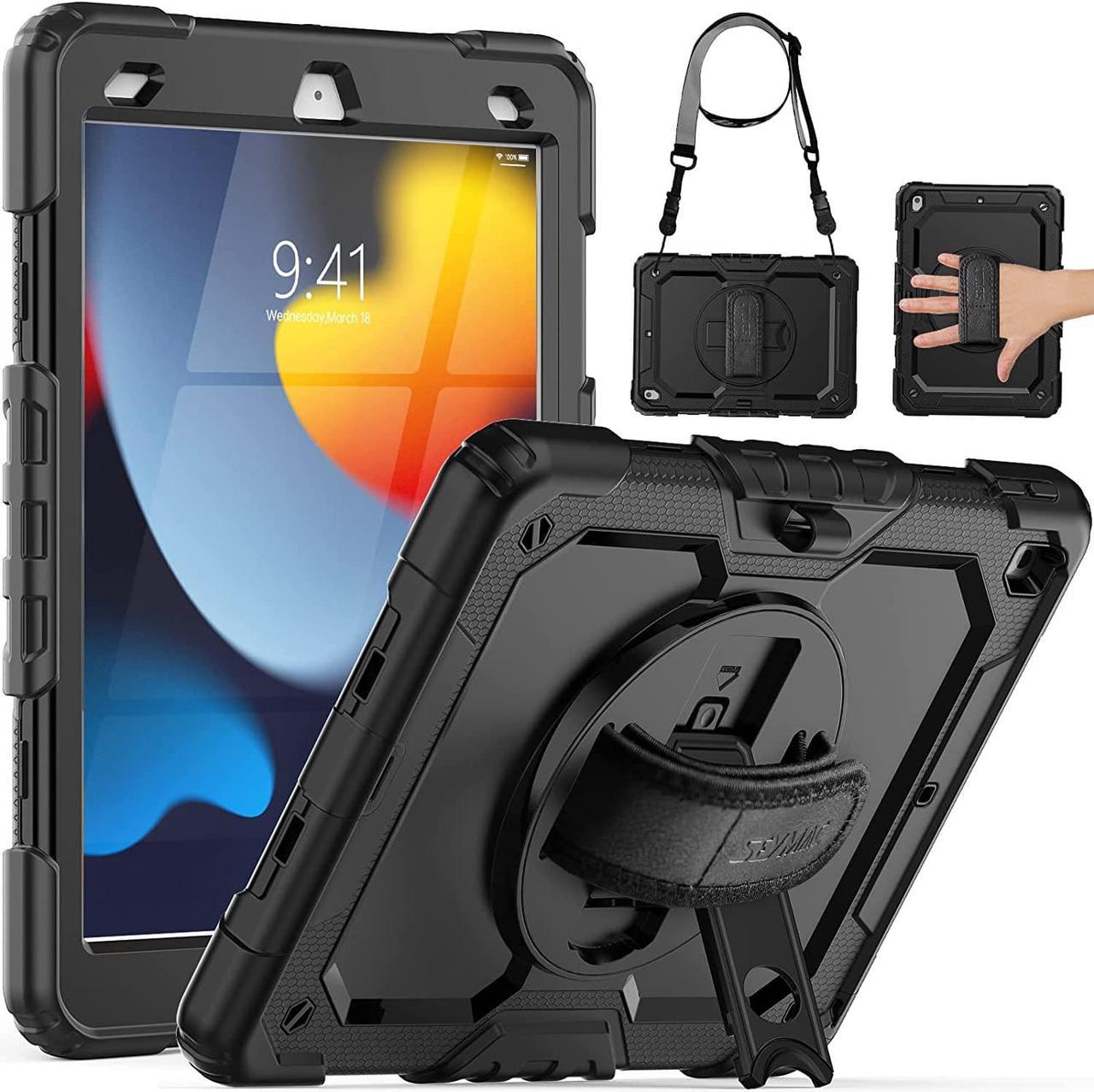 iPad 9th/ 8th/ 7th Generation Case 10.2" 2021/2020/2019, Full-Body Shockproof Heavy Duty Protective Case with Screen Protector, 360° Rotating Stand/Handle/Shoulder Strap for iPad 10.2, Black