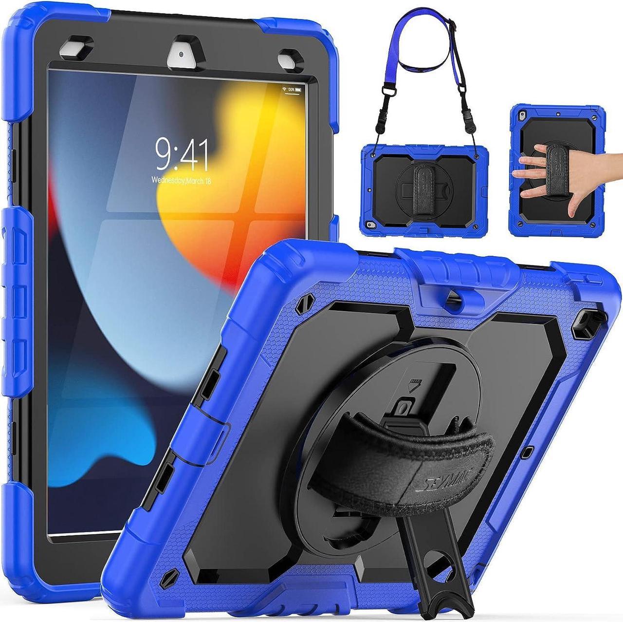 iPad 9th/ 8th/ 7th Generation Case 10.2" 2021/2020/2019, Full-Body Shockproof Heavy Duty Protective Case with Screen Protector, Rotating Stand/Handle/Shoulder Strap for iPad 10.2, Blue/Black