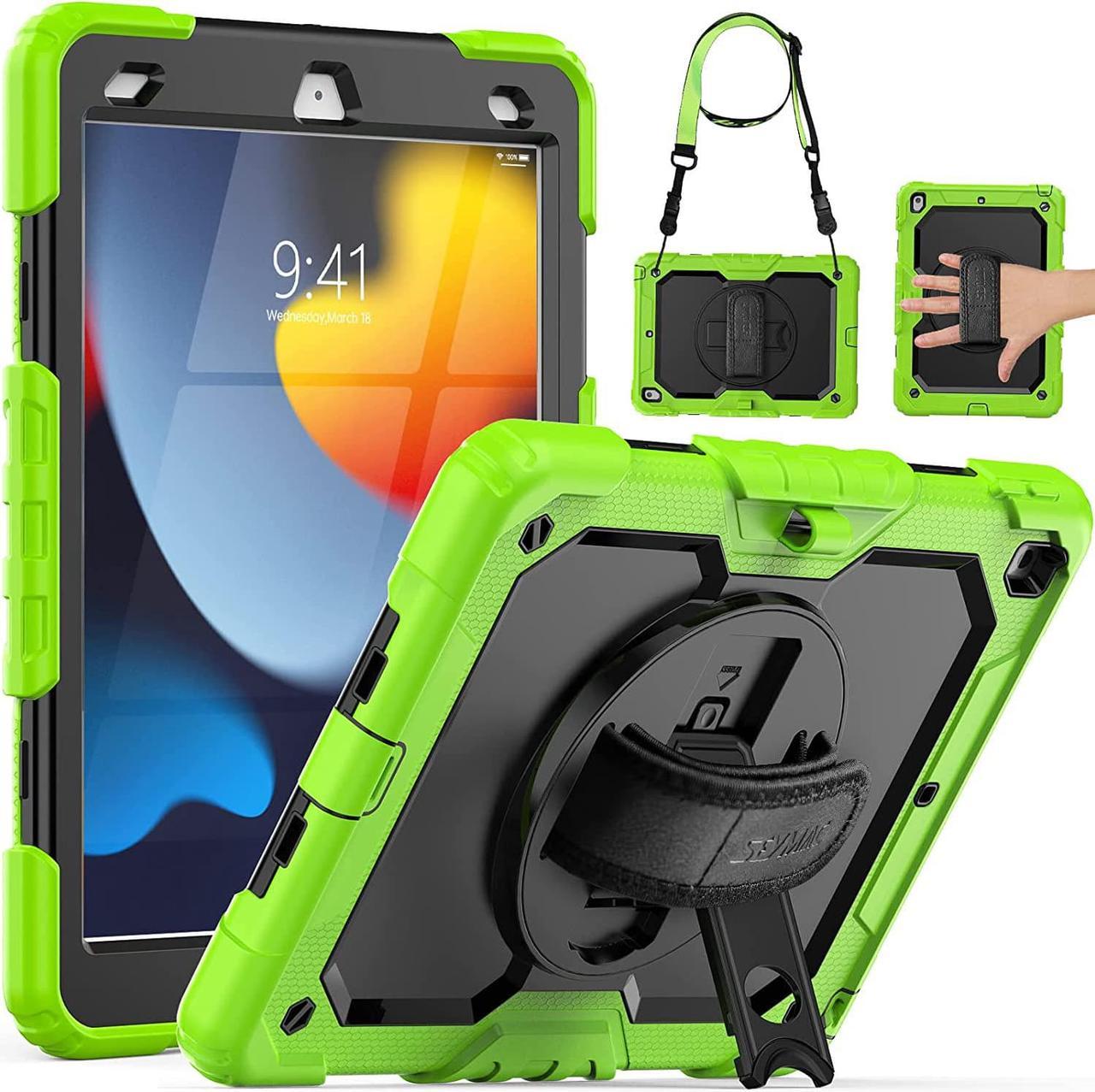 Kids Case for iPad 9th/8th/7th Generation iPad 10.2 Case 2021/2020/2019, Heavy Duty Protective Shockproof Case with Screen Protector, Rotating Stand/Handle/Shoulder Strap for iPad 10.2, Green