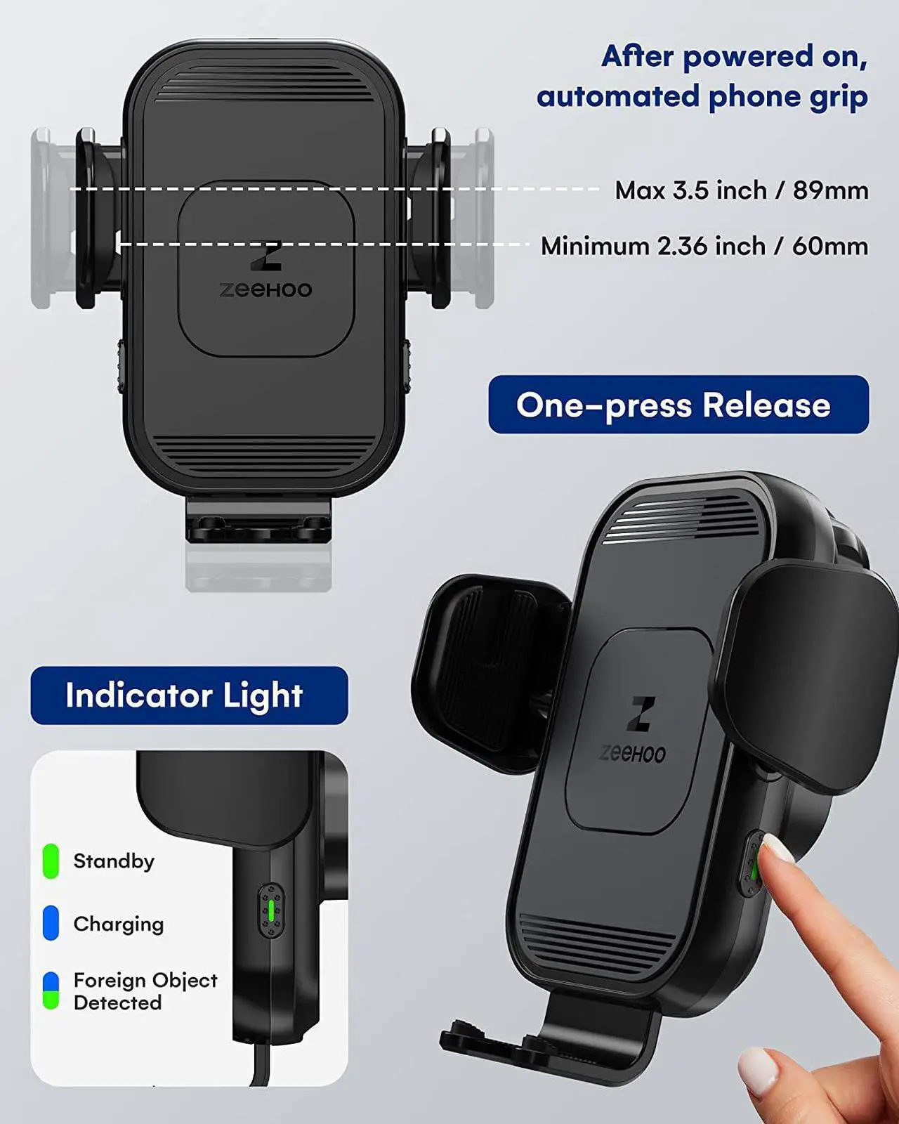 Alt view image 3 of 7 - ZeeHoo Wireless Car Charger, 15w Fast Charging, Auto Clamping Car Phone Mount, Cell Phone Holder Charger, for iPhone 15 14 13 12 11 Pro Max Xs, Etc. (Black)