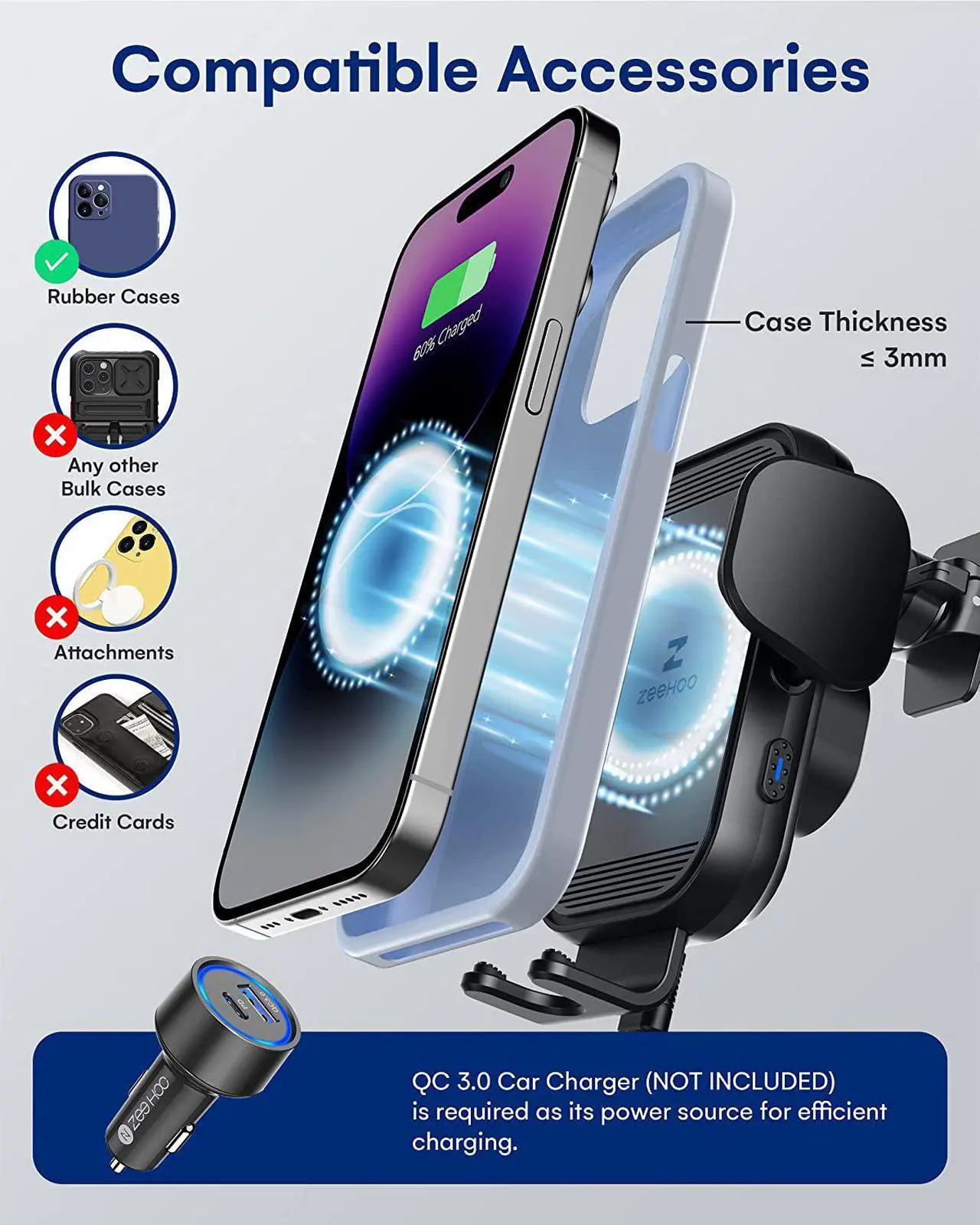 Alt view image 6 of 7 - ZeeHoo Wireless Car Charger, 15w Fast Charging, Auto Clamping Car Phone Mount, Cell Phone Holder Charger, for iPhone 15 14 13 12 11 Pro Max Xs, Etc. (Black)