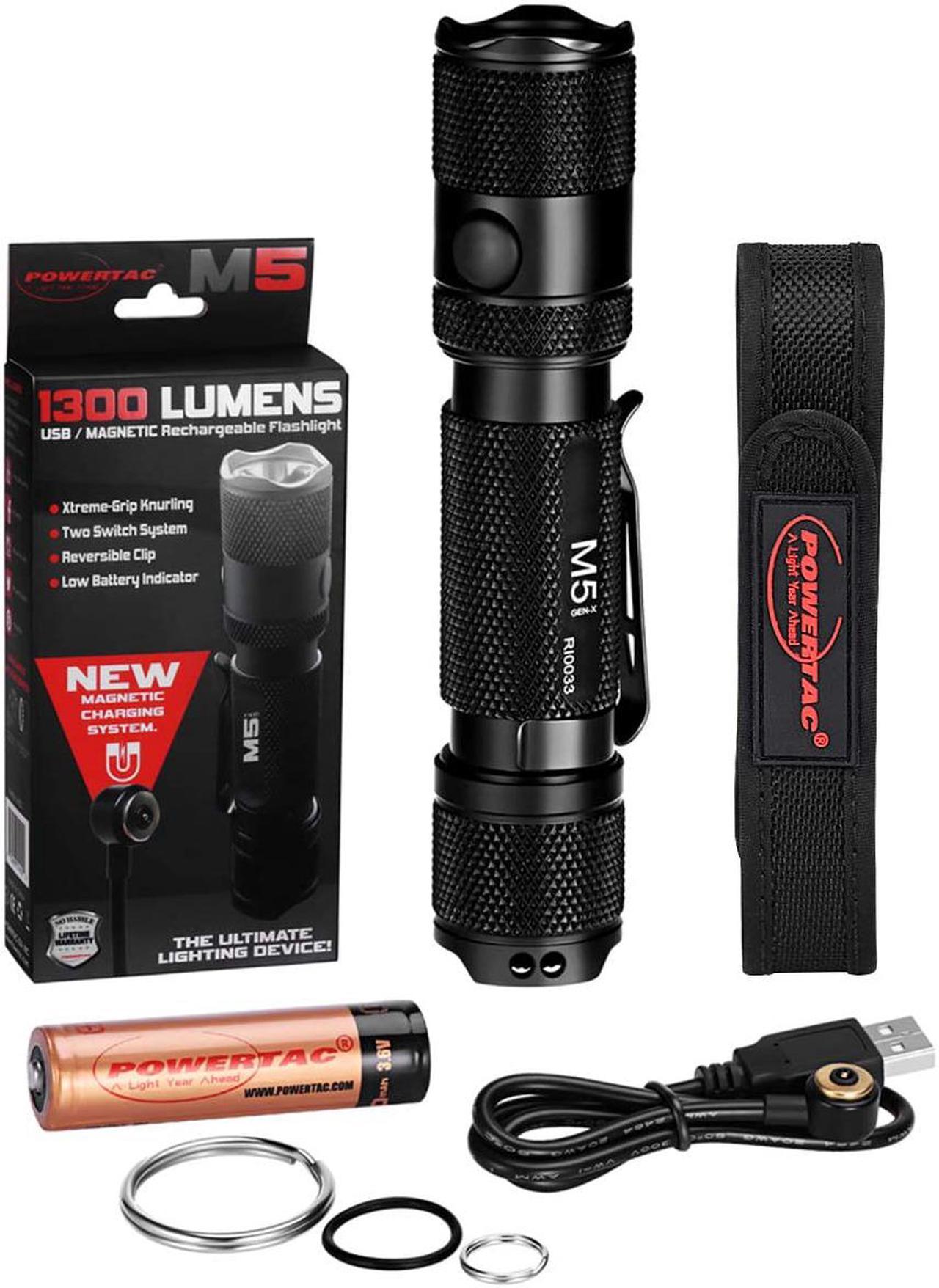 Powertac M5 Cree LED Flashlight-1300 Lumen Dual-Switch Magnetic Rechargeable EDC/Tactical Flashlight Powered by 18650x1