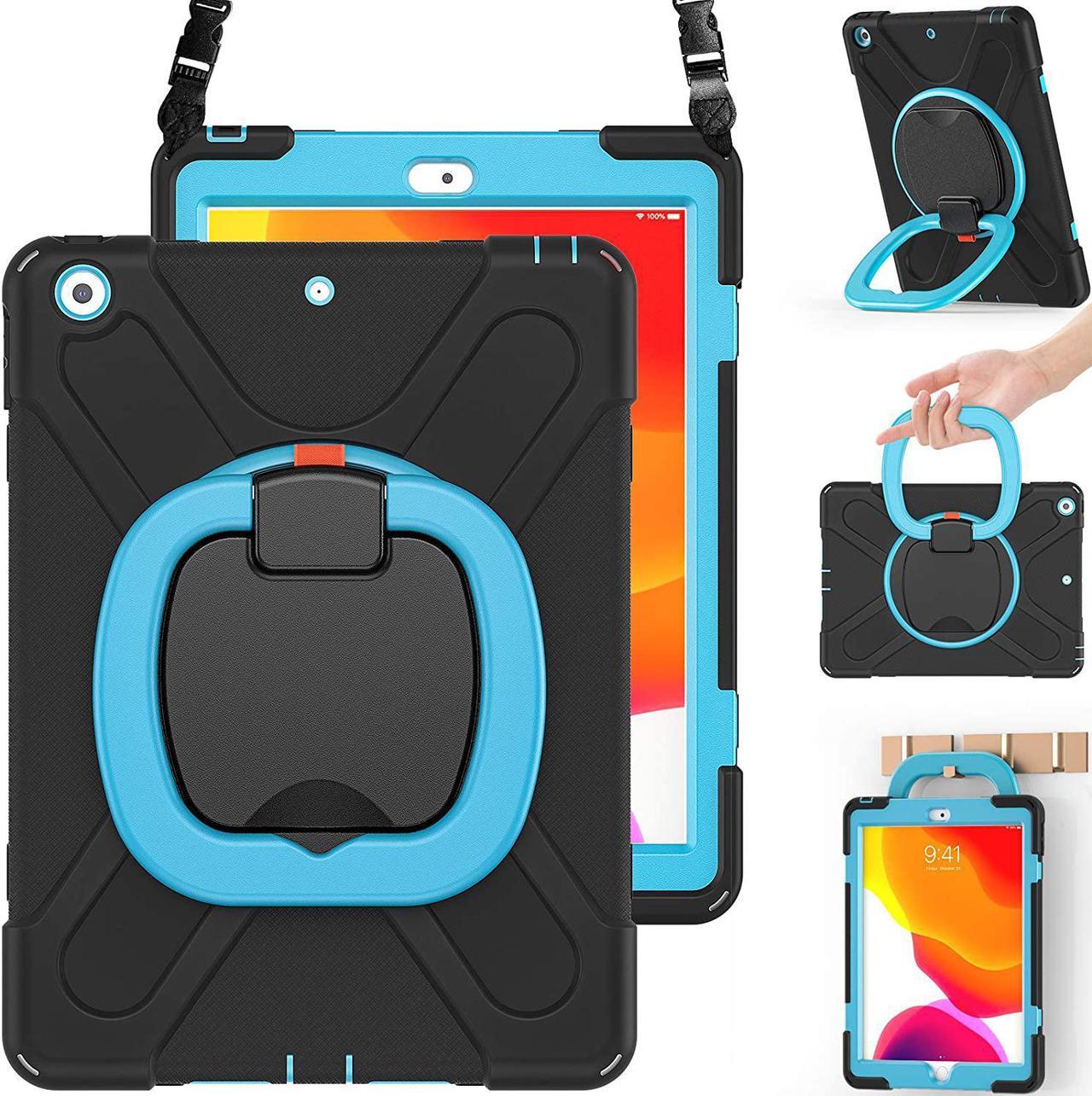 iPad 9/8/7 Generation Case,Hybrid Shockproof Case with Pencil Holder, Handle Grip, Kickstand, Strap, Screen Protector, Pencil Cap Holder for iPad 10.2\u201d 9th/8th 7th Gen 2021/2020/2019-Black+Blue