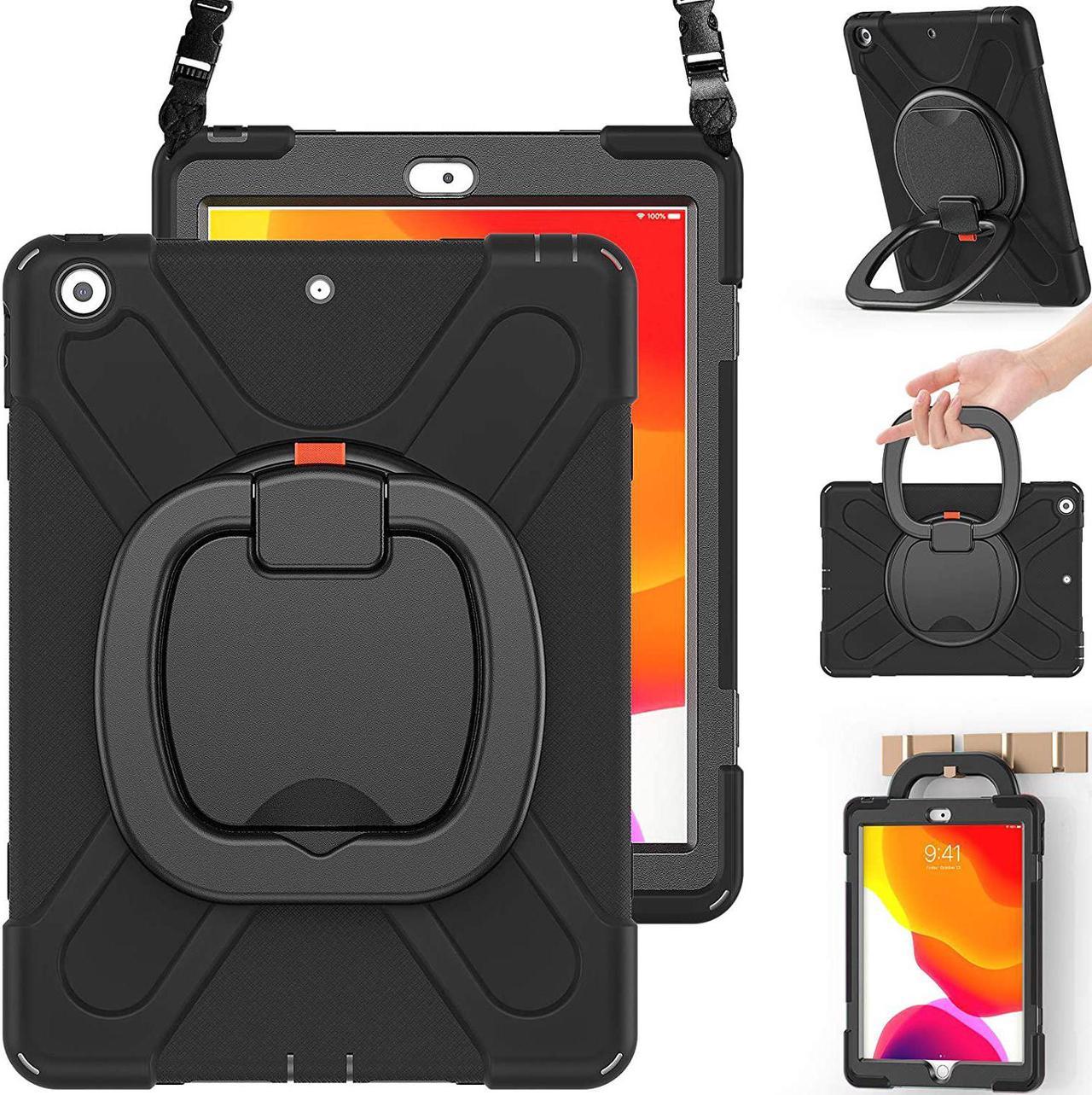 iPad 9th/8th/7th Generation Case, Heavy Duty Silicone Case with Built-in Screen Protector, Handle Grip, Kickstand, Strap, Pencil Holder,Pencil Cap Holder for iPad 10.2\u201d 2021/2020/2019-Black