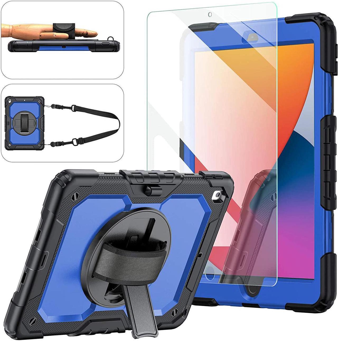 iPad 9th/8th/7th Generation Case, iPad 10.2 Case 2021/2020/2019, [Rotatable Hand Strap/Kickstand] Full Body Protective Case with Tempered Glass Screen Protector, Pencil Holder (Blue & Black)