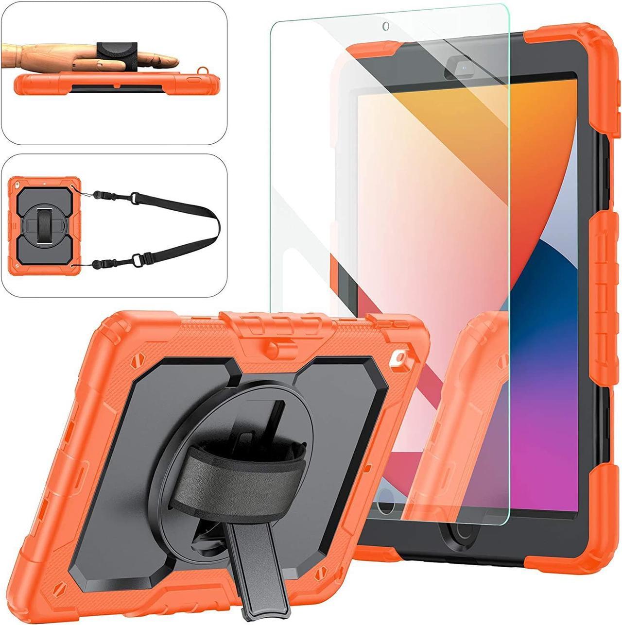 iPad 9th/8th/7th Generation Case, iPad 10.2 Case 2021/2020/2019, [Shockproof] Full Body Protective Case with 9H Tempered Glass, Rotatable Kickstand/Hand Strap, Shoulder Strap (Orange & Black)