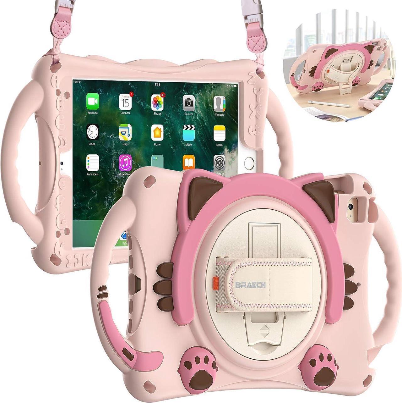 Kids Case for iPad Mini 5/4/3/2/1, Silicone Shockproof Protective Boy Girl Cute Cover with Pencil Holder, Handle Grip, Hand Strap, Kickstand, Shoulder Strap for Apple iPad Mini 7.9 Inch-Pink