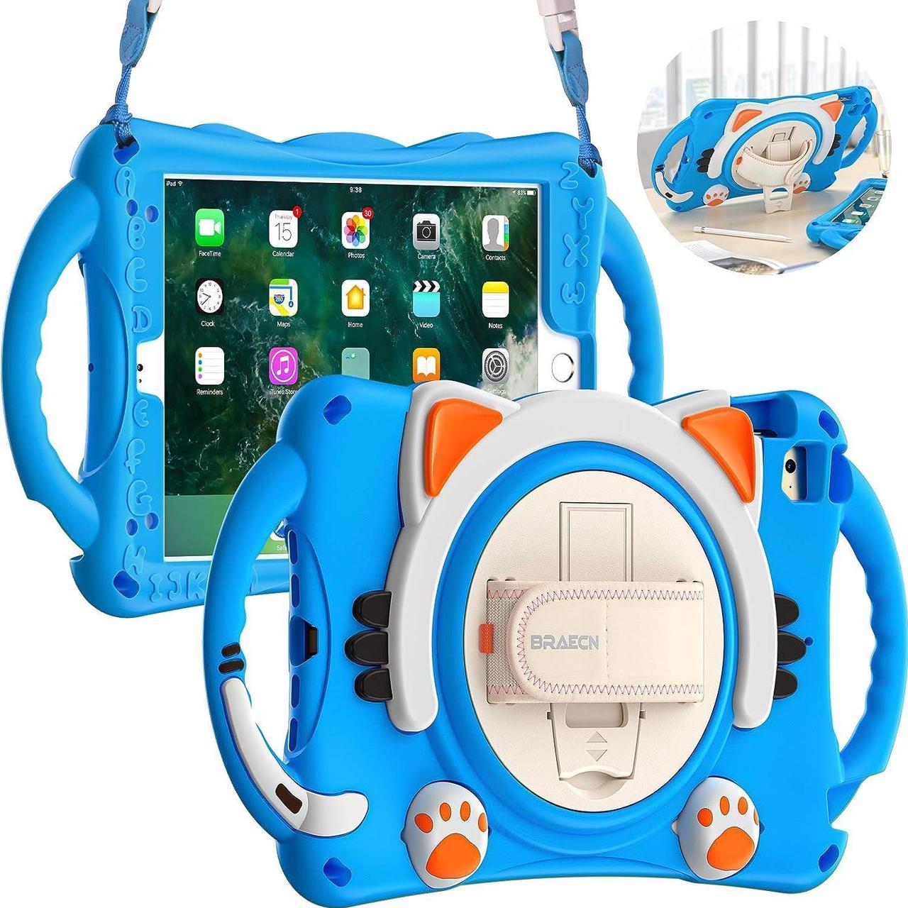 iPad Mini 5/4/3/2/1 Case for Kids, Rubber Shockproof Durable Childproof Cute Case with Carrying Strap, Handle Grip, Hand Strap, Pencil Holder, Kickstand for Apple iPad Mini 7.9 Inch-Light Blue