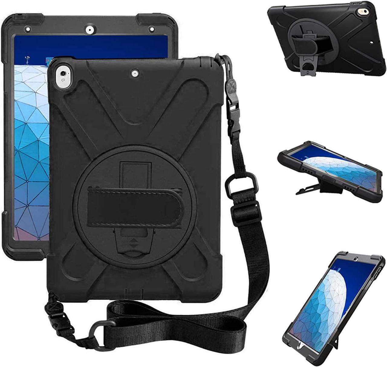 iPad Air 3 Case 2019, iPad Pro 10.5 Case 2017, 360 Rotating Kickstand Hand Strap & Shoulder Belt Shockproof Heavy Duty Rugged Case for iPad 10.5 inch Tablet 2017/2020 Release,Black