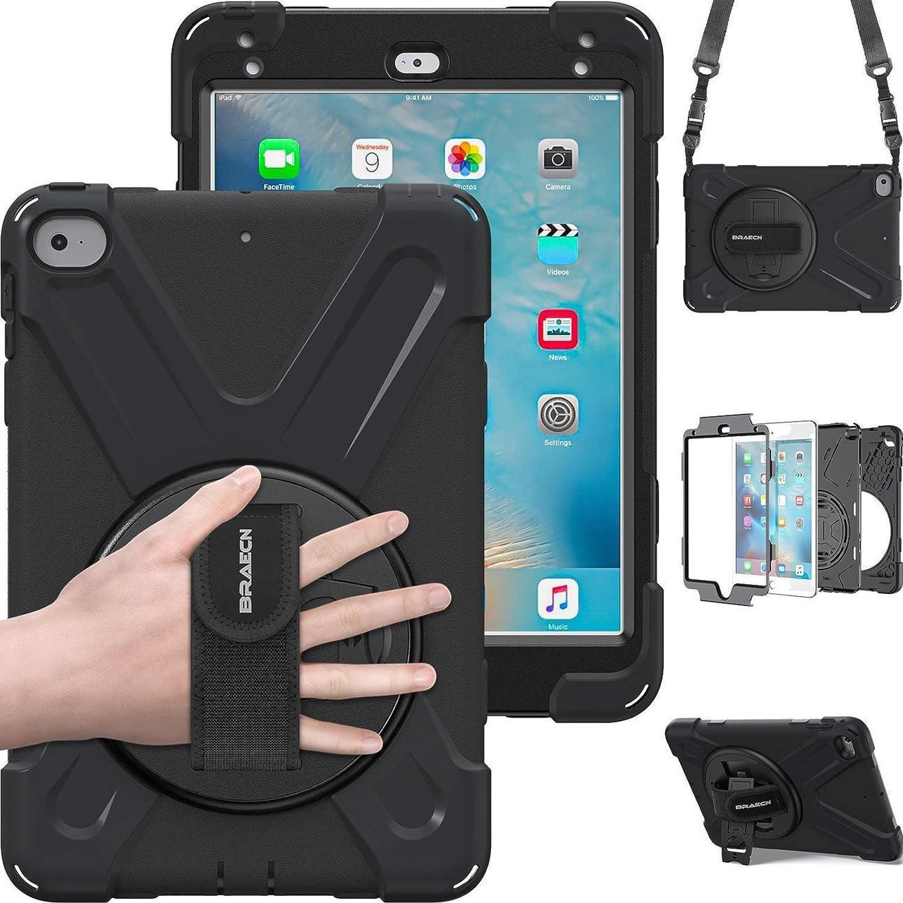 iPad Mini5 Case,iPad Mini4 Shockpoof Case Three Layer Drop Protection Rugged Protective Heavy Duty Cover w/ 360 Degree Swivel Stand/Hand Strap and Shoulder Strap for iPad Mini 2019 Case (Black)