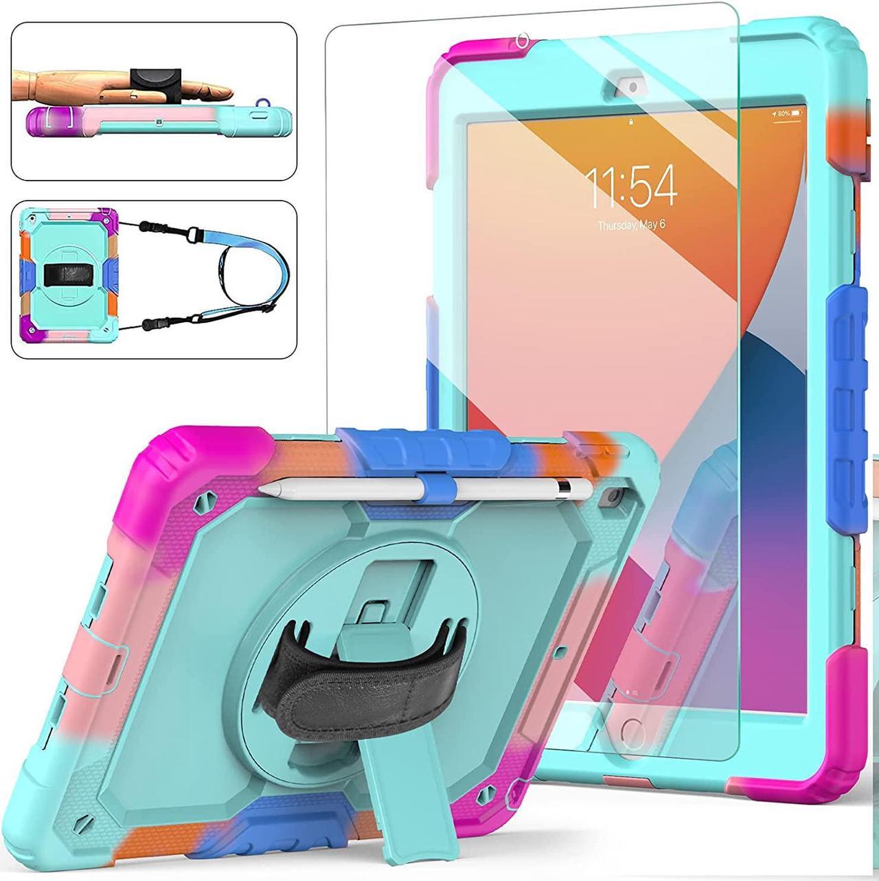 iPad 9th/8th/7th Generation Case, iPad 10.2 Case 2021/2020/2019, [Kid Proof] Full Body Protective Case with 9H Tempered Glass Screen Protector, 360° Rotatable Kickstand/Hand Strap (Teal Blue)