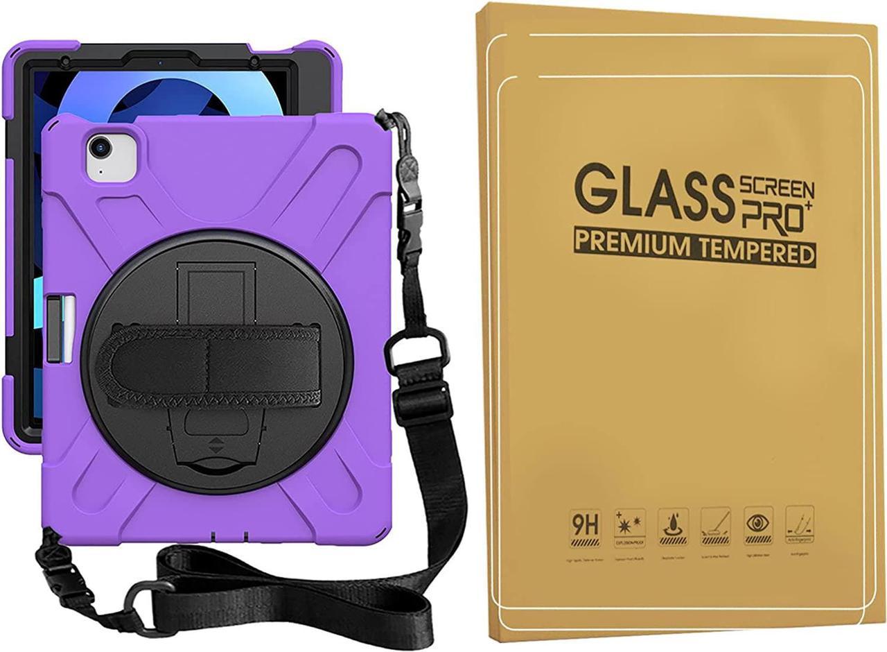 Bundle-Rugged Shockproof Case and 2 Pack Tempered Glass Screen Protector for iPad Air 4th Generation 10.9 and iPad Pro 11 inch, Purple