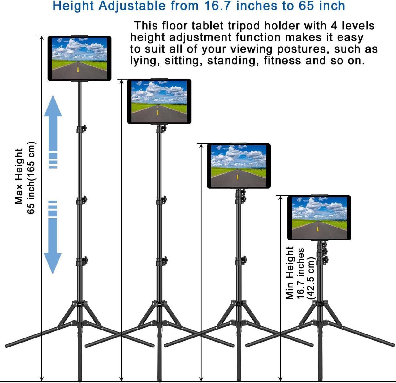 Alt view image 5 of 7 - Ipad Tripod Stand with 65 inch Height Adjustable iPad Stand Holder & iPad Floor Stand with 360° Rotating iPad Tripod Mount for iPad Pro iPhone Kindle and All 4.7-12.9 Inch Tablets