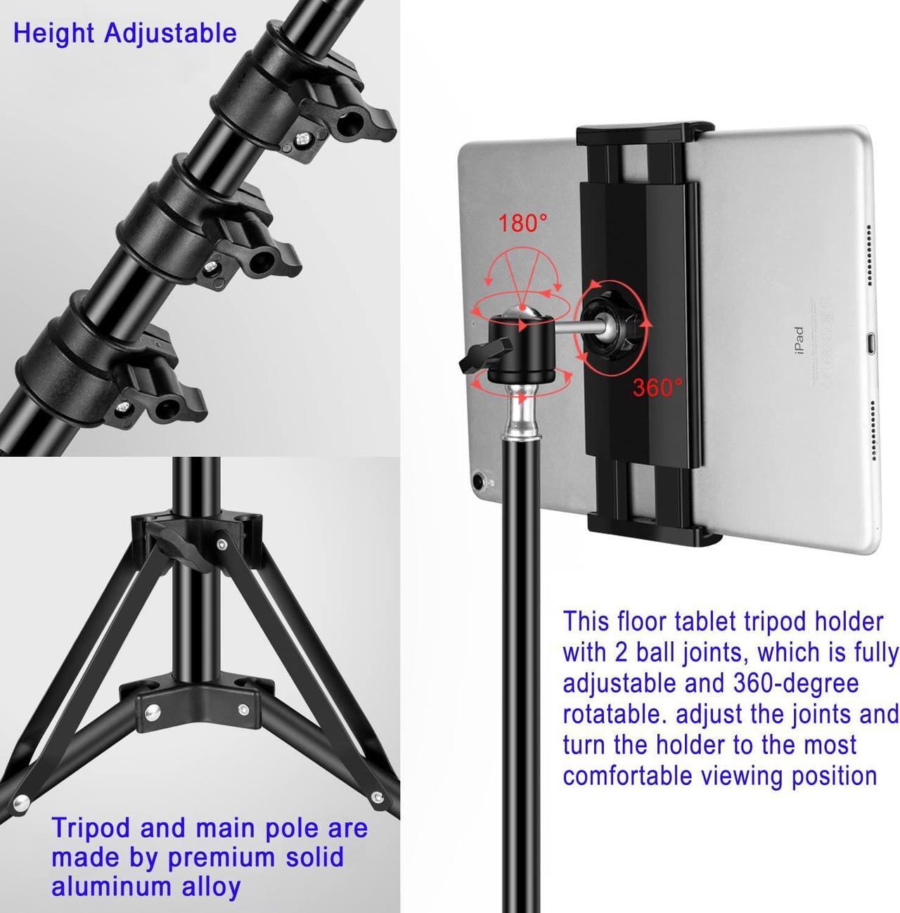 Alt view image 6 of 7 - Ipad Tripod Stand with 65 inch Height Adjustable iPad Stand Holder & iPad Floor Stand with 360° Rotating iPad Tripod Mount for iPad Pro iPhone Kindle and All 4.7-12.9 Inch Tablets