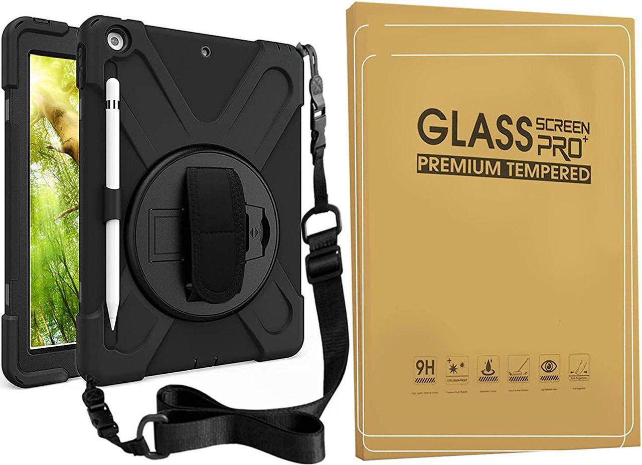 Bundle-iPad 8th/7th Generation 10.2 Case with Tempered Glass Screen Protector Pencil Holder Kickstand Hand Strap and Shoulder Strap, Black