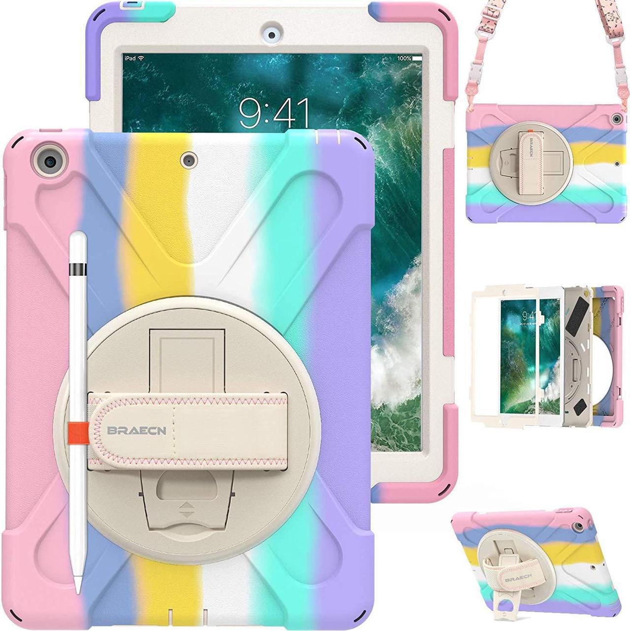 iPad Case 6th 5th Generation for Kids, iPad 6th / 5th Gen Case, Rugged Kids Friendly Case with Pencil Holder, Shoulder Strap, Hand Strap, Kickstand for Apple iPad 9.7\u201d 2018/2017 -Light Rainbow