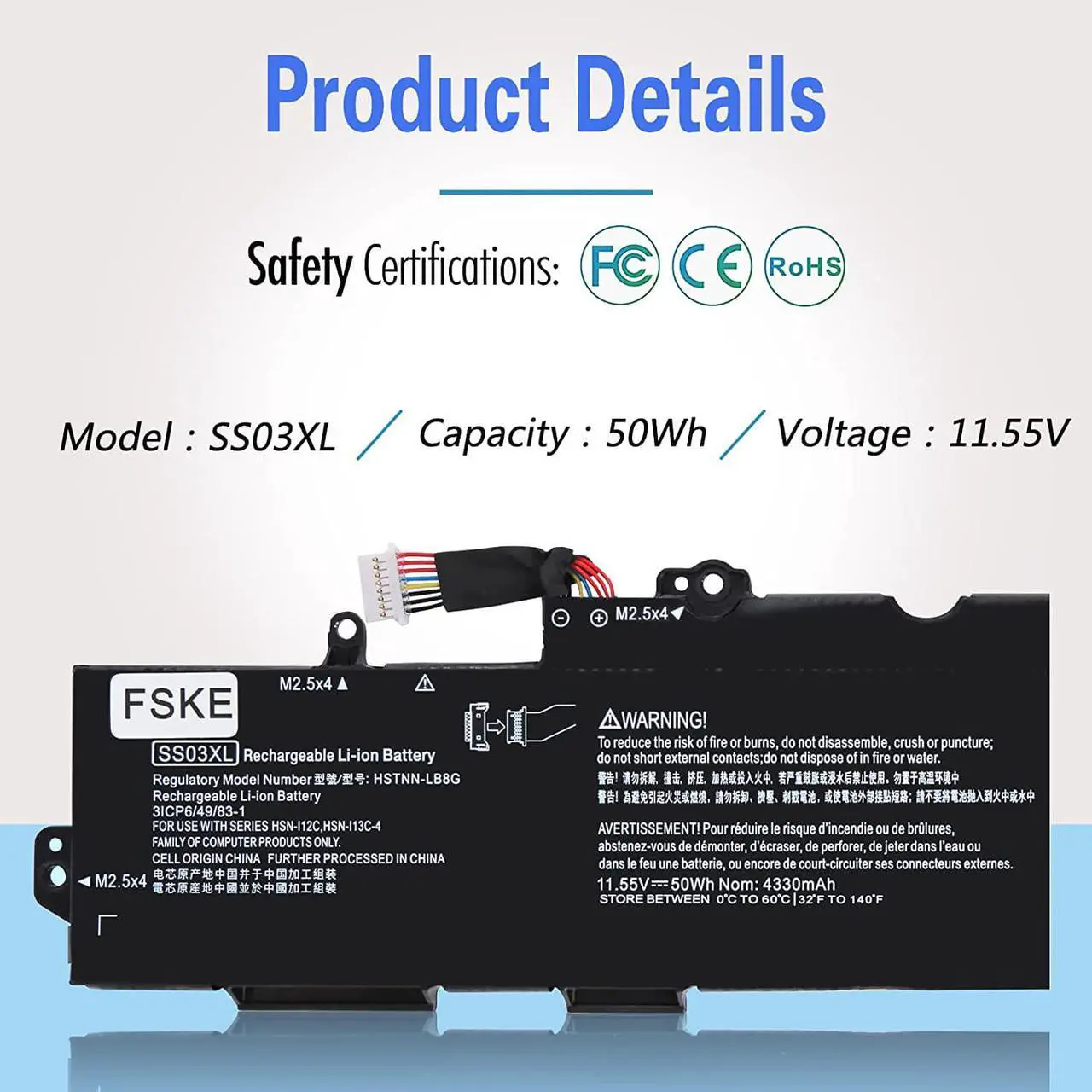 Alt view image 2 of 7 - FSKE SS03XL Battery for HP EliteBook 840 G5 G6, 730 735 740 745 830 846 G5, 735 745 830 G6, ZBook 14U G5 G6 Laptop HSTNN-LB8G HSN-I13C-4 932823-421 933321-852 932823-1C1 11.55V 50Wh 3Cell