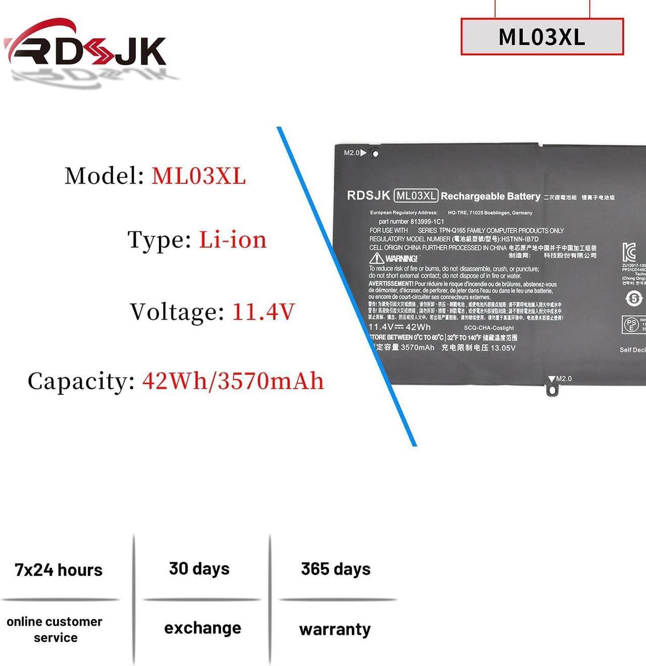 Alt view image 2 of 7 - ML03XL Laptop Battery for HP Spectre X2 Detachable 12 Spectre x2 12-A001DX 12-A003NG 12-A006TU 12-A012NR 12-A019TU ML03042XL HSTNN-1B7D 813999-1C1 814277-005 814060-850 HSTNN-IB7D TPN-Q165 11.4V 42Wh