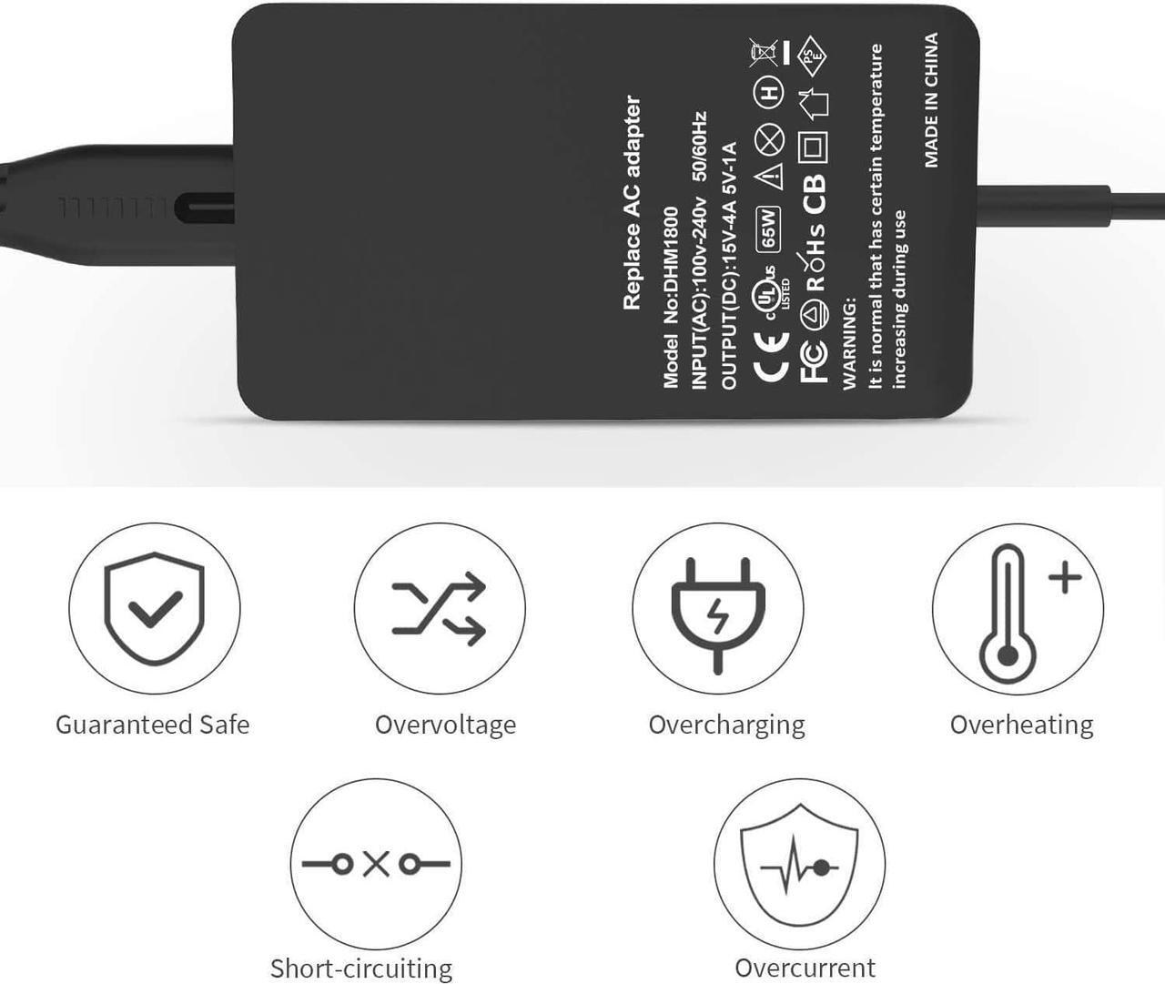Alt view image 4 of 6 - Surface Pro Charger, Surface Laptop Charger 65W 15V 4A Power Supply for Surface Pro 3/4/5/6/7/X Surface Laptop 1/2/3 Surface Go 1/2 & Surface Book 1/2 with USB Port