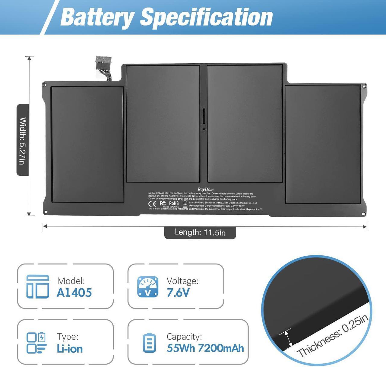 Alt view image 2 of 7 - A1466 Laptop Replacement Battery for MacBook Air 13 inch A1466 (Mid 2012,Mid 2013,Early 2014, Early 2015,2017) A1369(Late 2010,Mid 2011 Version) High Performance 7200mAh fits A1496 A1405 A1377