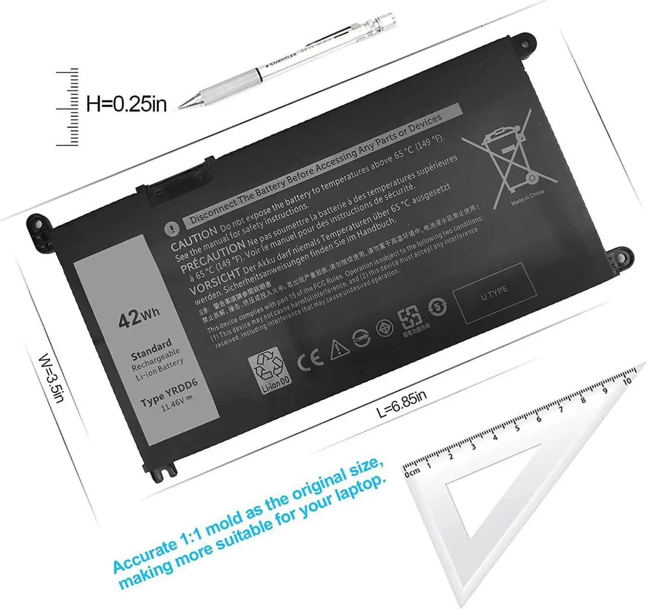 Alt view image 3 of 7 - YRDD6 42WH Laptop Battery for Dell Inspiron 14 5480 5482 5485 5493 15 3501 3583 3584 3493 3593 5585 5590 5593 5481/5482/5491 5591 7586 3310 2-in-1 Vostro 3491 3590 5481 5490 5581 5590 VM732 1VX1H