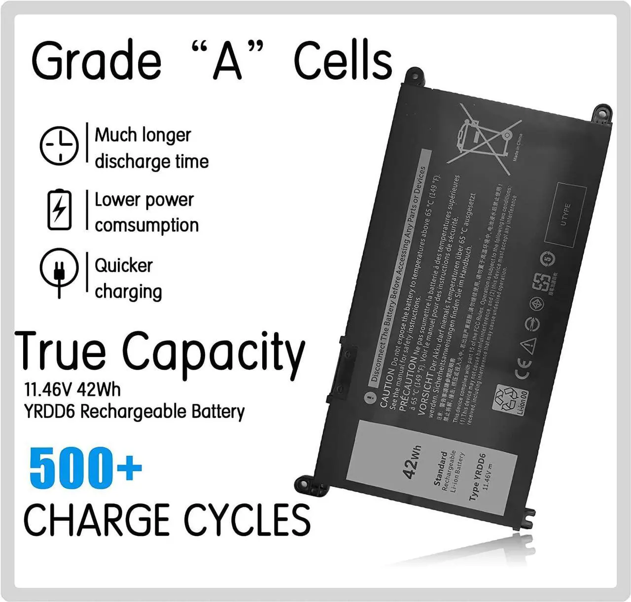 Alt view image 2 of 7 - YRDD6 42WH Laptop Battery for Dell Inspiron 14 5480 5482 5485 5493 15 3501 3583 3584 3493 3593 5585 5590 5593 5481/5482/5491 5591 7586 3310 2-in-1 Vostro 3491 3590 5481 5490 5581 5590 VM732 1VX1H