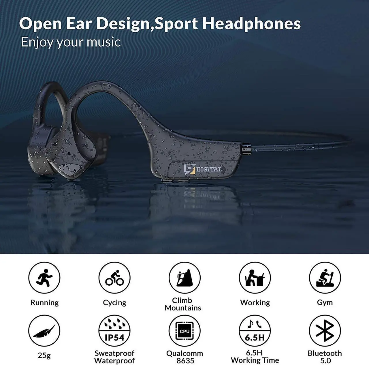 Alt view image 5 of 7 - Bone Conduction Headphones Bluetooth 5.0,Wireless Open Ear Headphones with Built-in Mic,Waterproof Earphones,Sweatproof Sports Headset for Running,Cycling,Hiking,Gym,Climbing & Driving(Black)